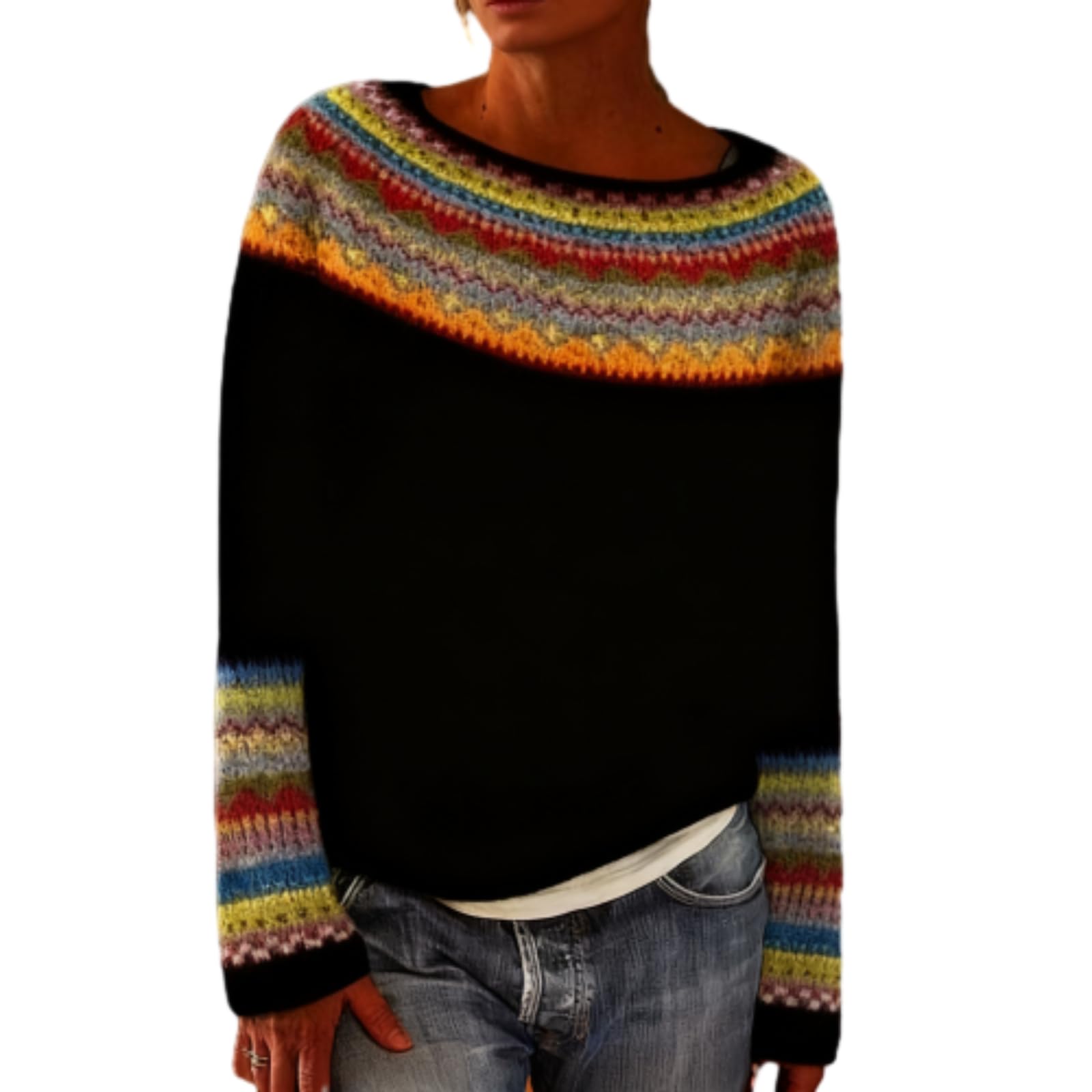 Womens Fair Isle Knit Sweater - Crewneck Long Sleeve Pullover Soft Warm Winter Nordic Pattern Knitwear