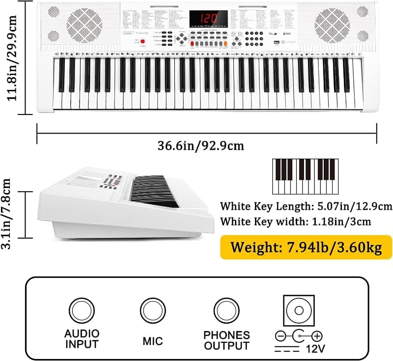 Vangoa Keyboard Piano 61 Key, Full Size Electric Piano Keyboard Light UP Keys with 3 Teaching Modes, Learning Music Keyboard Piano with Stand Headphones for Beginners Students, VGK6101 White
