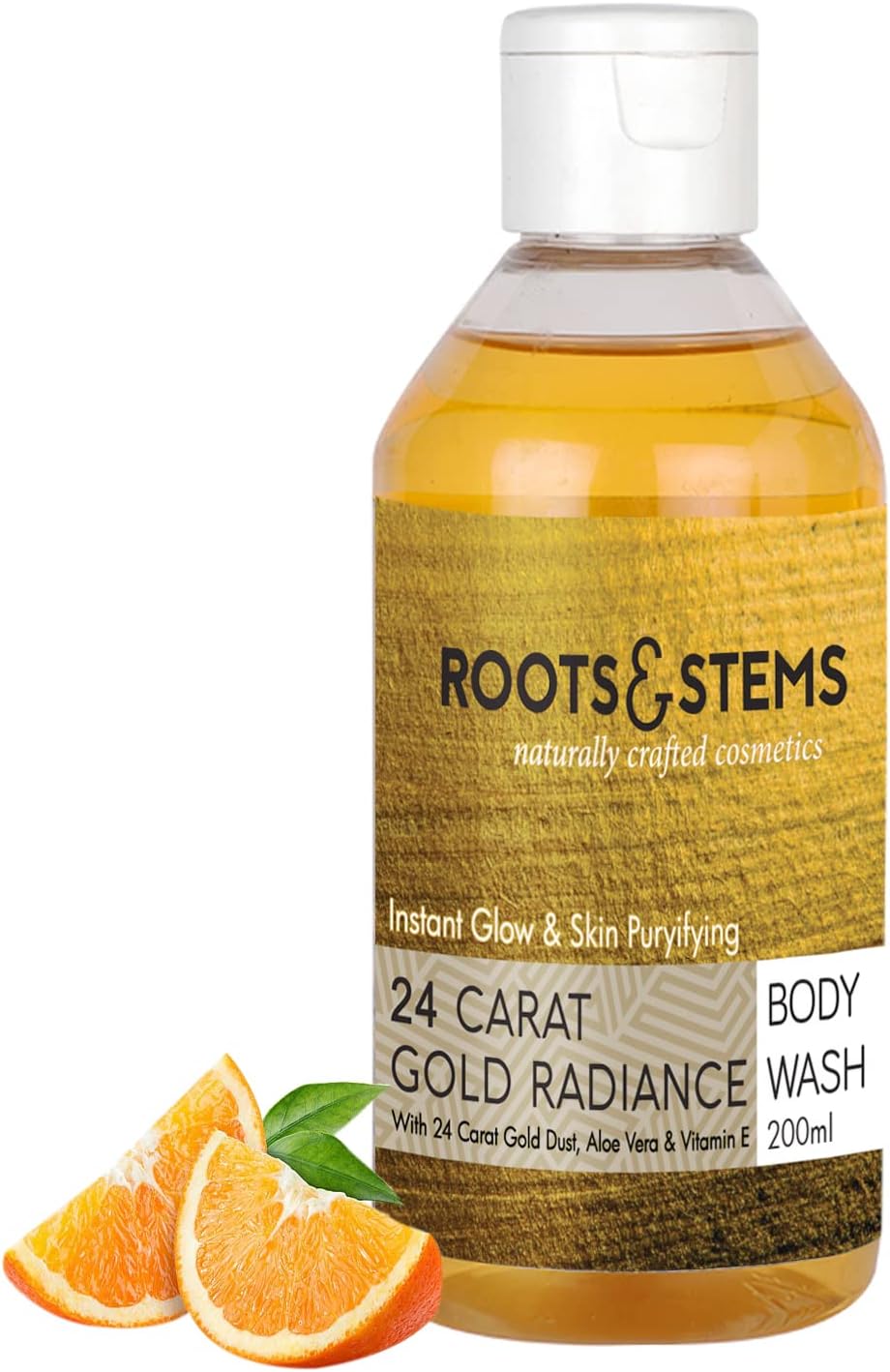 Roots & Stems24 Carat Gold Radiance Body Wash- Antioxidant & Gold Dust Powder- 100% Natural & Organic/Lightens & Brightens/Revives Dry Skin, Fades Age Spots, Boosts Collagen Production (200 ml)