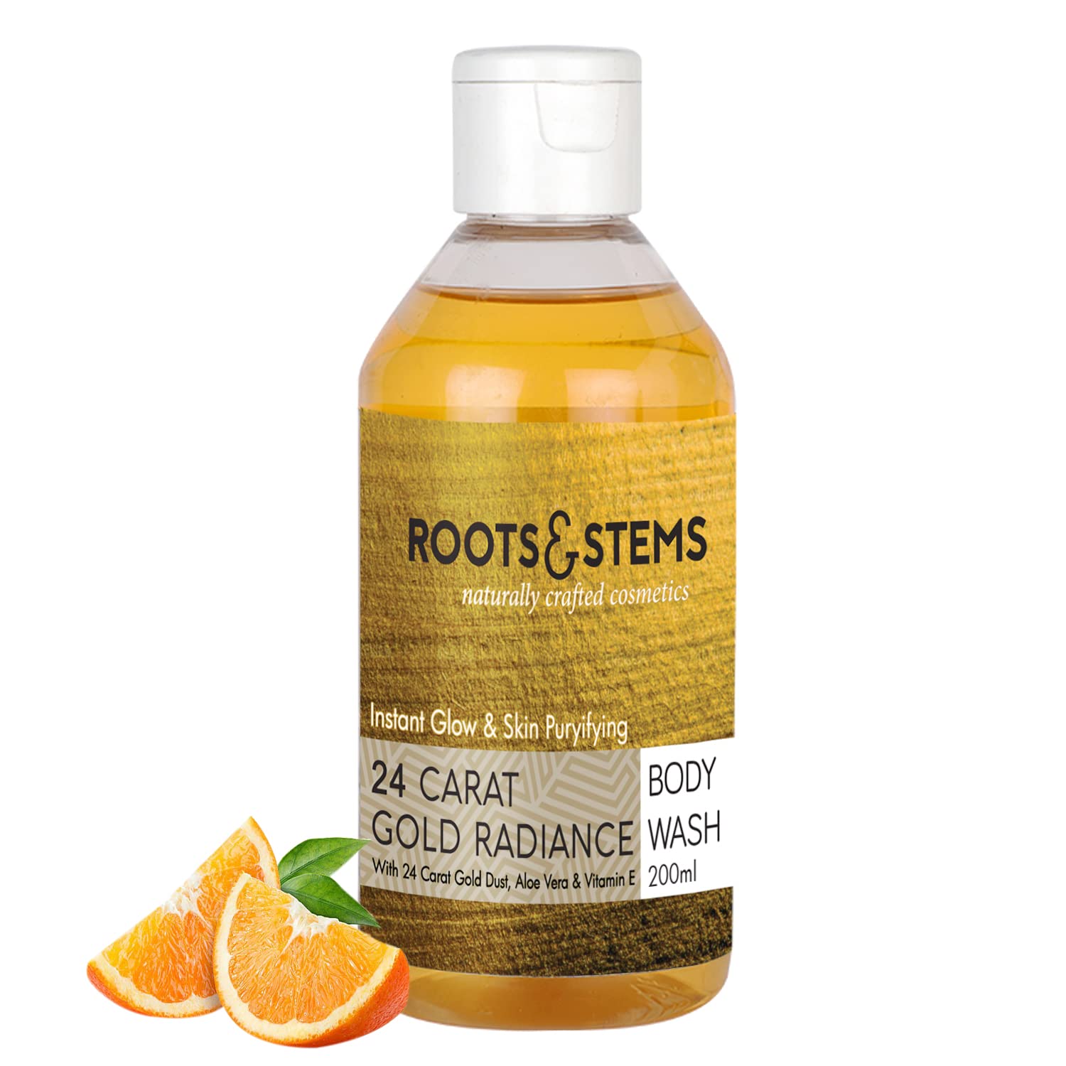 Roots & Stems24 Carat Gold Radiance Body Wash- Antioxidant & Gold Dust Powder- 100% Natural & Organic/Lightens & Brightens/Revives Dry Skin, Fades Age Spots, Boosts Collagen Production (200 ml)