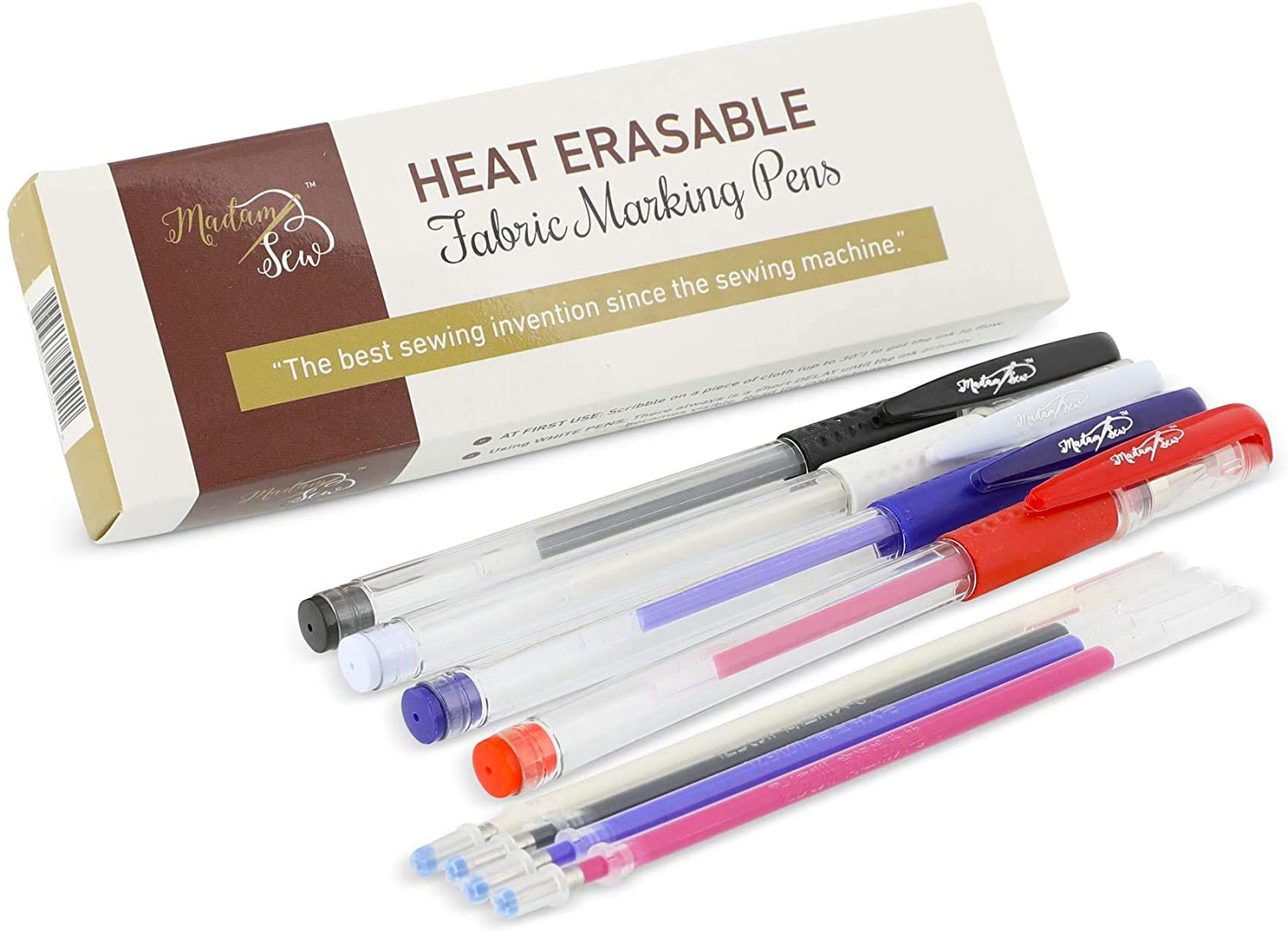 Madam Sew Heat Erasable Fabric Marking Pens for Sewing and Quilting | Fabric Markers for Sewing, Embroidery, Dressmaking with 4 Pens + 4 Refills | 8-Piece Set No Ghost Lines, Disappearing Ink