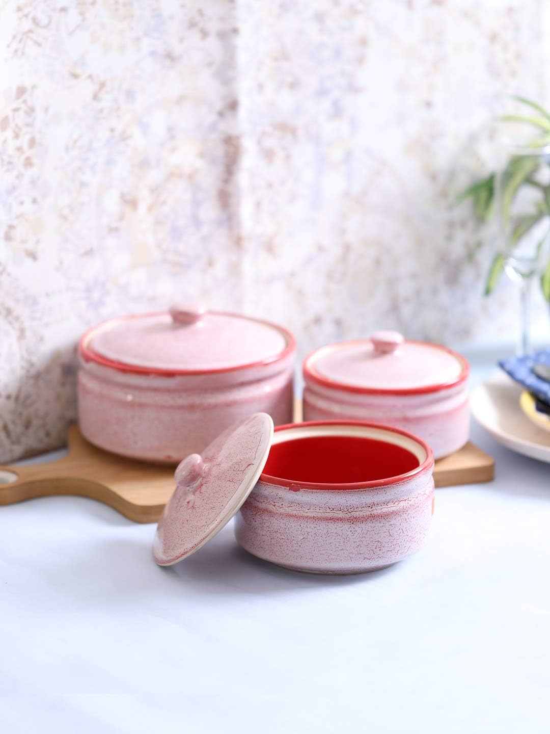 VarEesha Pink Marble Stoneware Serving Bowls with Lid - Set of Three