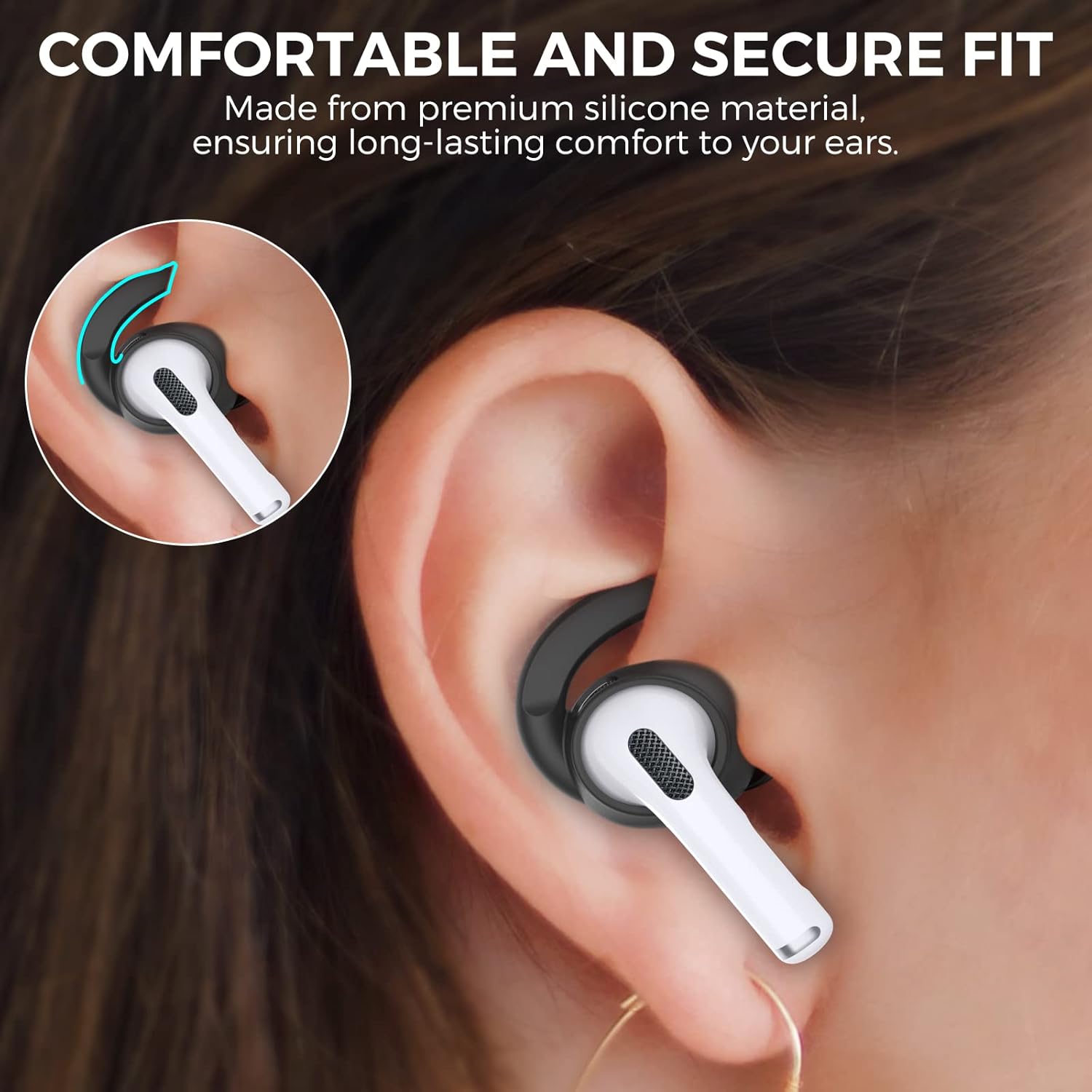 AhaStyle 2 Pairs AirPods 3 Ear Hooks Cover Silicone Earbuds Tips [Added Storage Pouch] Compatible with Apple AirPods 3 2021 (Large + Small, Black) - Image 6