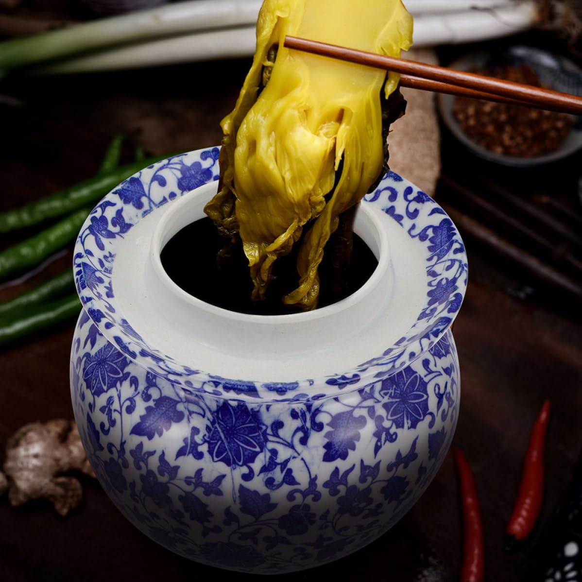 Tarro Recipiente Tradicional para Encurtidos de Cerámica Doble Tapa, Fácil de Limpiar y Almacenar para Conservar Alimentos Cocina