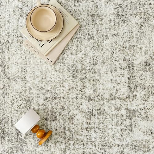 4x6 Area Rug Washable Vintage Neutral Entryway Living Room Carpet Indoor Office Non Slip Taupe Entrance Distressed Low Pile Retro Accent Throw Rug for Dining Room Bathroom Bedroom Laundry