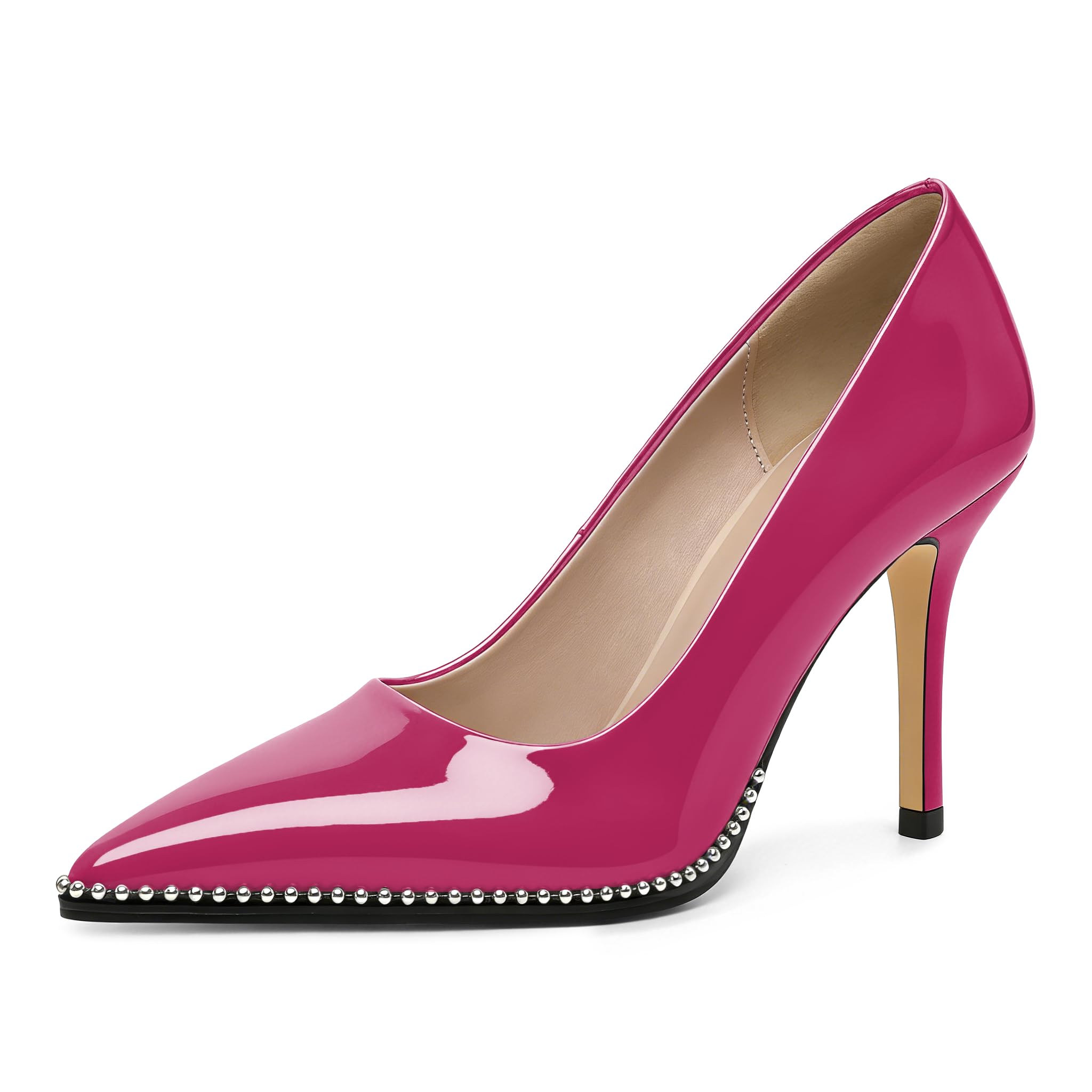 SAMMITOP Women Beaded Pumps Closed Pointed Toe High Heel Slip On Stilettos 3.5 Inch Sexy Heeled Dress Shoes Patent Leather