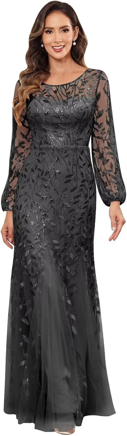 Mermaid Mother of The Bride Dresses Sequin Long Sleeves Tulle Formal Evening Dress for Women