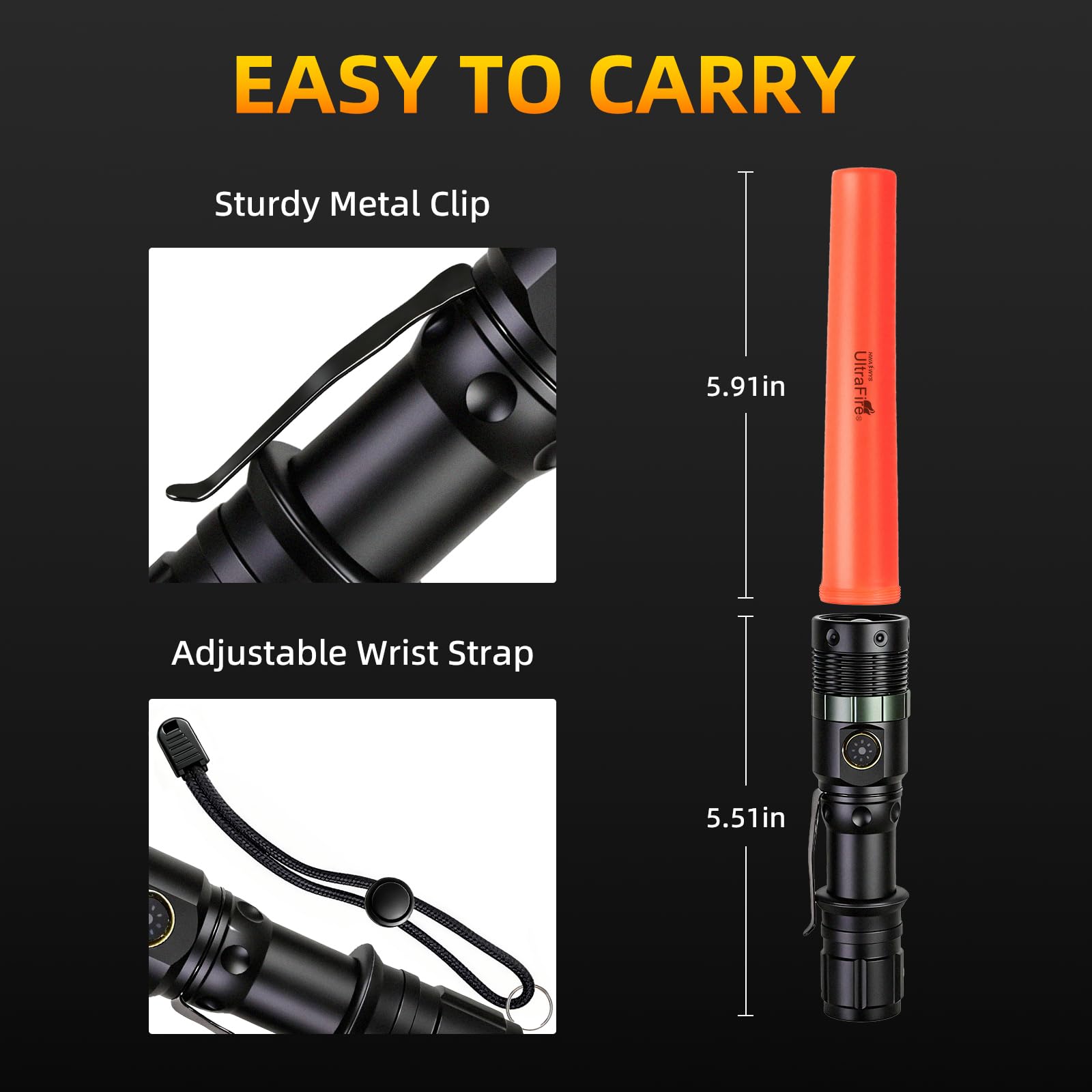 UltraFire Lámpara de tráfico recargable LED, linterna de 11 pulgadas, barra de luz con zoom, 3 modos, barra de señalización con clip para cinturón para control de tráfico, emergencia, policía