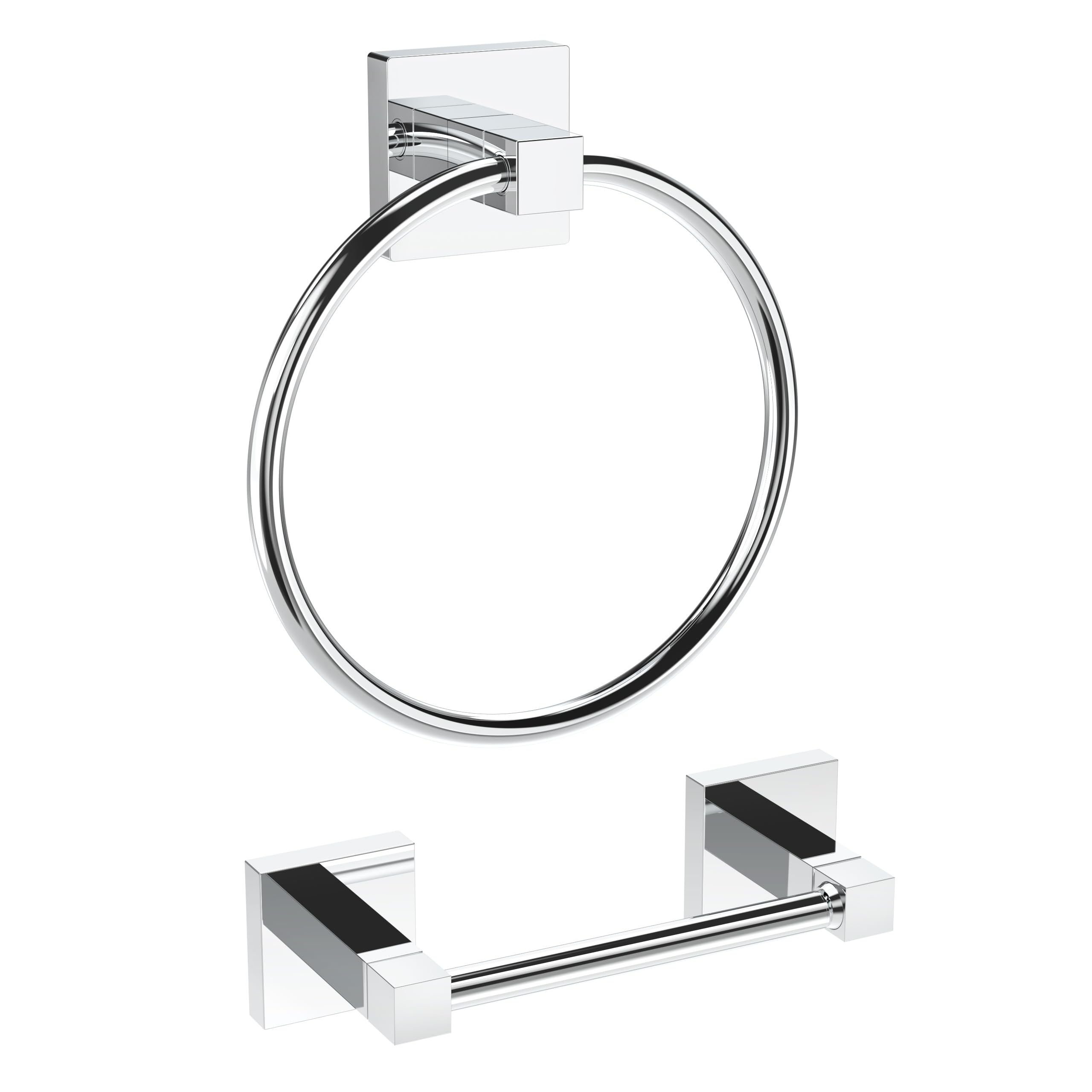 WZRUA Chrome Toilet Paper Holder Towel Ring Bathroom Accessories Hardware Set Double Post Pivoting Toilet Roll Holder Square Stainless Steel and Zinc Alloy Modern Wall Mounted 2 Pieces