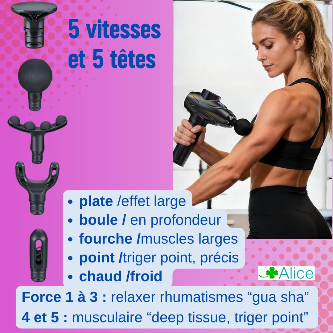 Massage gun chauffant, masseur musculaire, chaud ou froid, 5 vitesses, contre les courbatures après le sport (froid), ou contre les douleurs et rhumatismes (chaud) / usb
