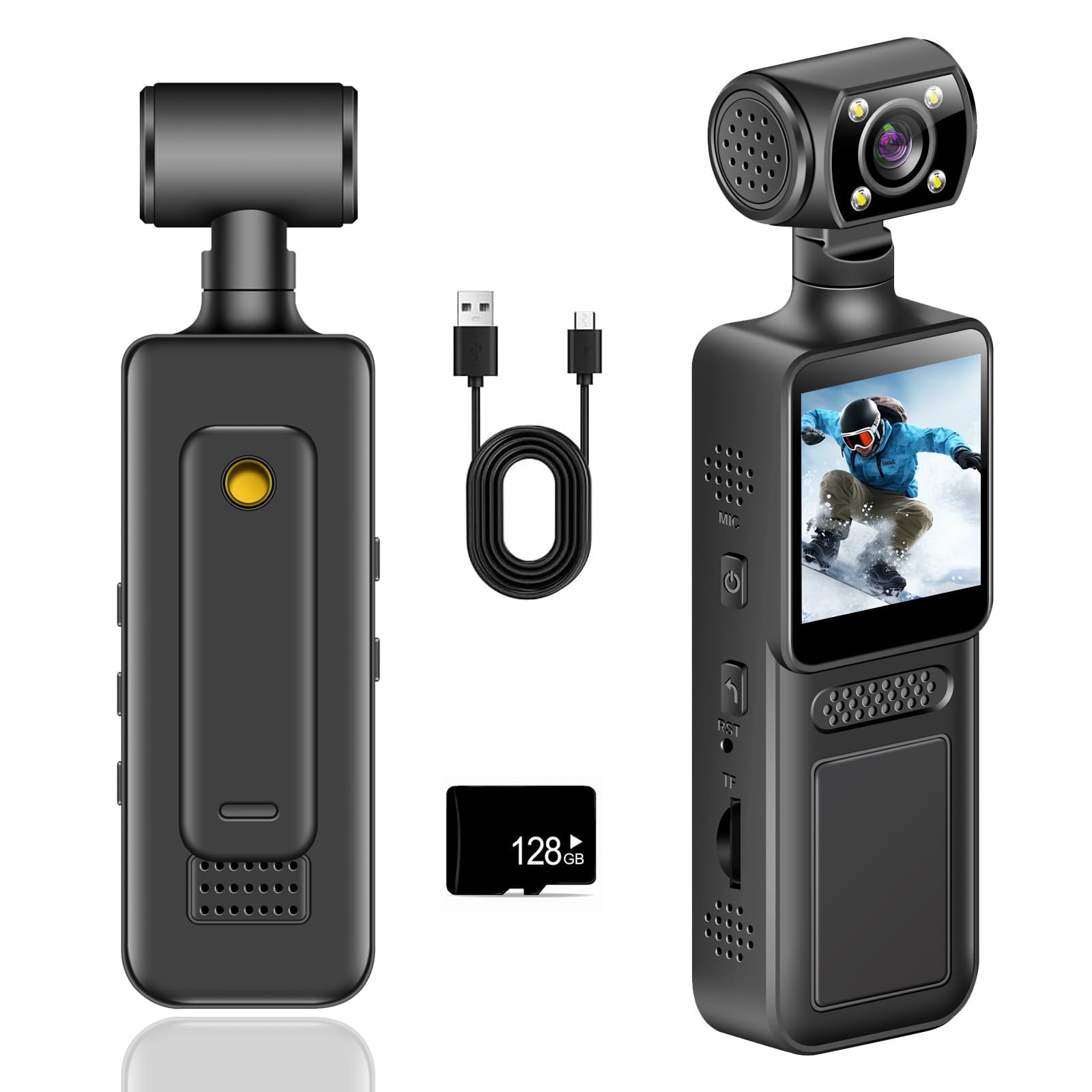 4K Körperkamera, POV/Vlog/Pocket Kamera mit 180° Drehbares Objektiv, Tragbare Body Camera, Pocket Kamera für Sport im Freien, Fahrrad, Reisen, Polizei, Outdoor & Beruf