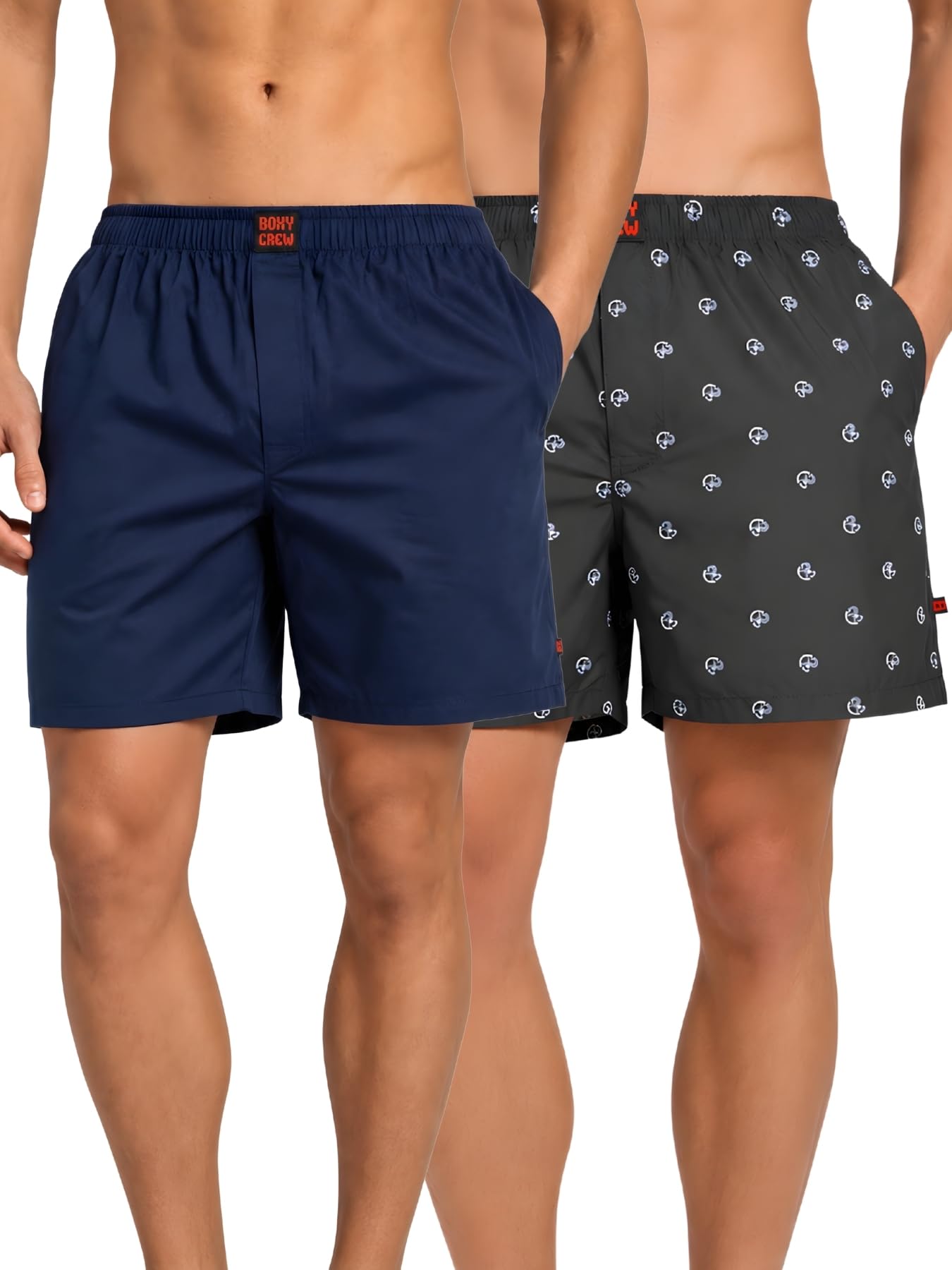 Men Boxer Shorts Pack of 2, 100% Cotton Woven Boxers Combo, Solid & Printed Designs, Dual Side Pockets, No-Marks Inner Elastic Waistband, Relaxed Fit Lounge & Sleep Shorts-image-43