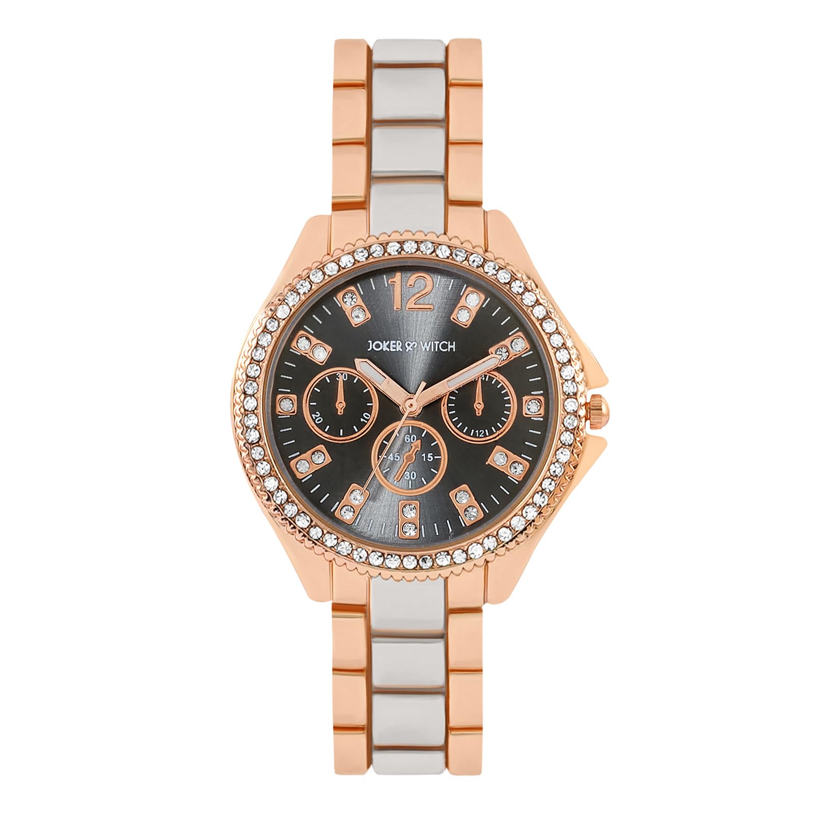 joker & witch Reina Black Sunray Medium Rhinestone Dial Dual Tone Linked Chain Strap Women's Watch-picture-2