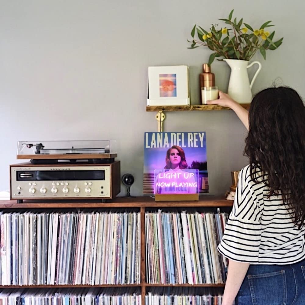 BiJun Now Playing - Soporte para discos de vinilo, soporte para discos de vinilo, soporte de pared de madera para exhibición de álbumes de vinilo y soporte de almacenamiento LPS con luces de varios