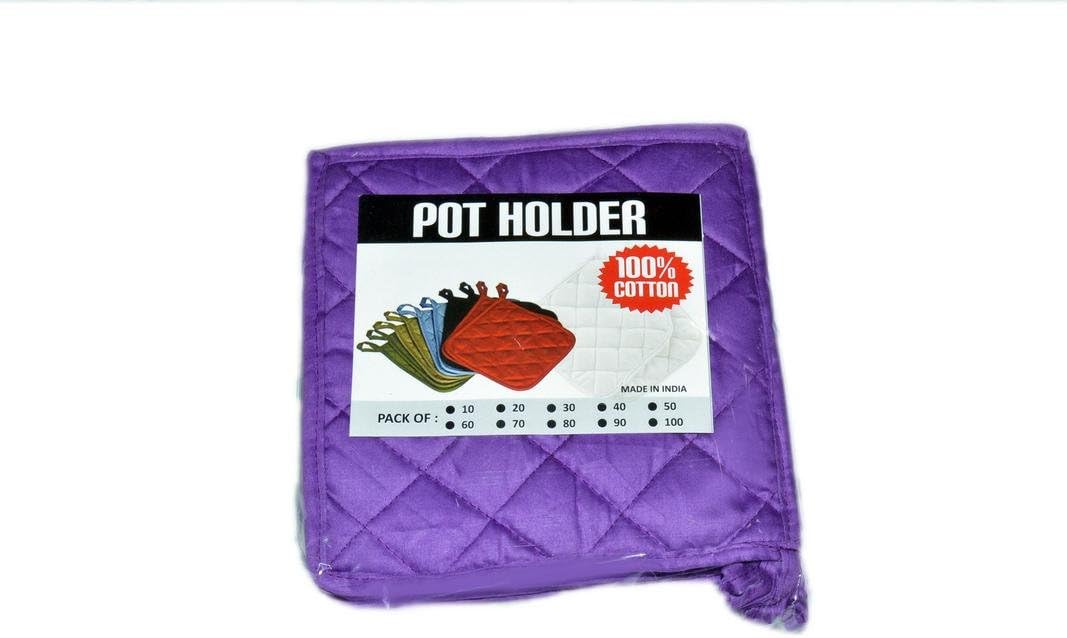 100% Cotton 7" x 7" Inches Pot Holder Non-Slip & Highest Protection & Performance Color - Purple - { Pack of 10 } Heat Resistance and Hypoallergenic