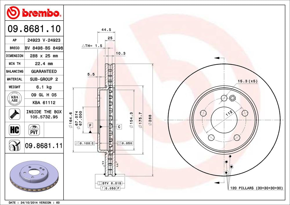 Brembo 09868111 Discos de Freno con Recubrimiento UV, Set de 2