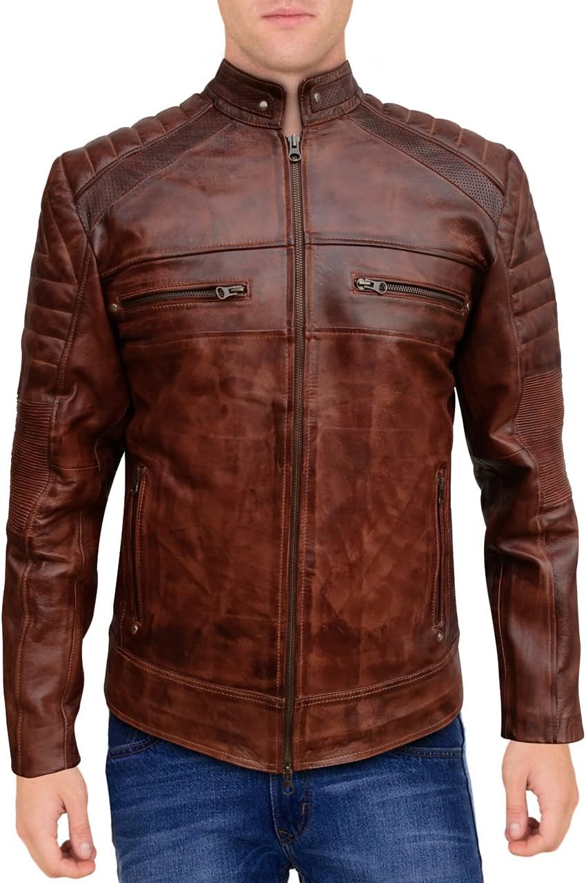 Mens Cafe Racer Lambskin Retro Brown Leather Jacket (XXS)