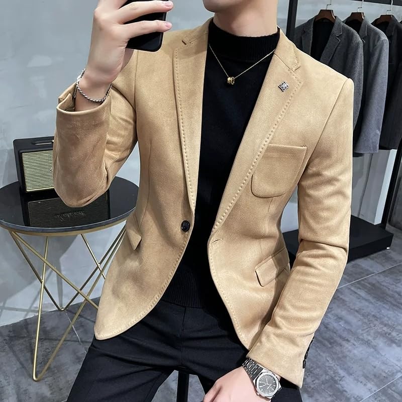 Men's Fleece Jacket Blazer Men Business Casual Slim Fit Single Button Suit Coat3