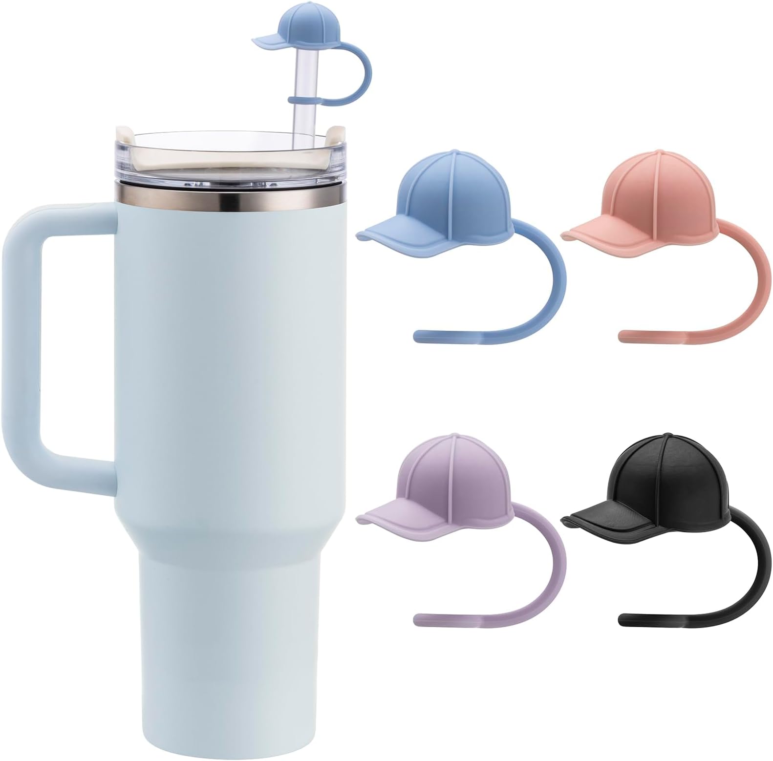 4 PCS Straw Cover Cap for Stanley Cup 20-40oz, Silicone Straw Toppers Baseball Hat, Reusable Silicone Straw Topper Cup Accessories for 6-10mm Straws