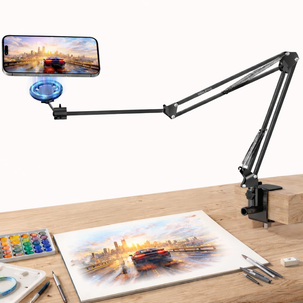 BROLAVIYA Overhead Video Mobile Stand, New Magnetic Bracket with Extra Long Arm, 1/4" Head 2 Way Base clamp, Strong Magnet Compatible with iPhone and Smartphones for Home, Office-image-8