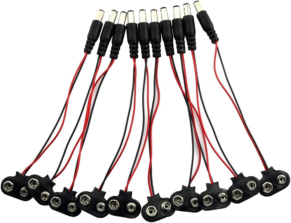 10pcs DC 9V Battery Clip with 2.1mm X 5.5mm Male DC Plug Battery Snap Connector Clip Lead Wire Experimental Power Cable T Type Connector Socket with Leather Housing for Arduino Project DIY