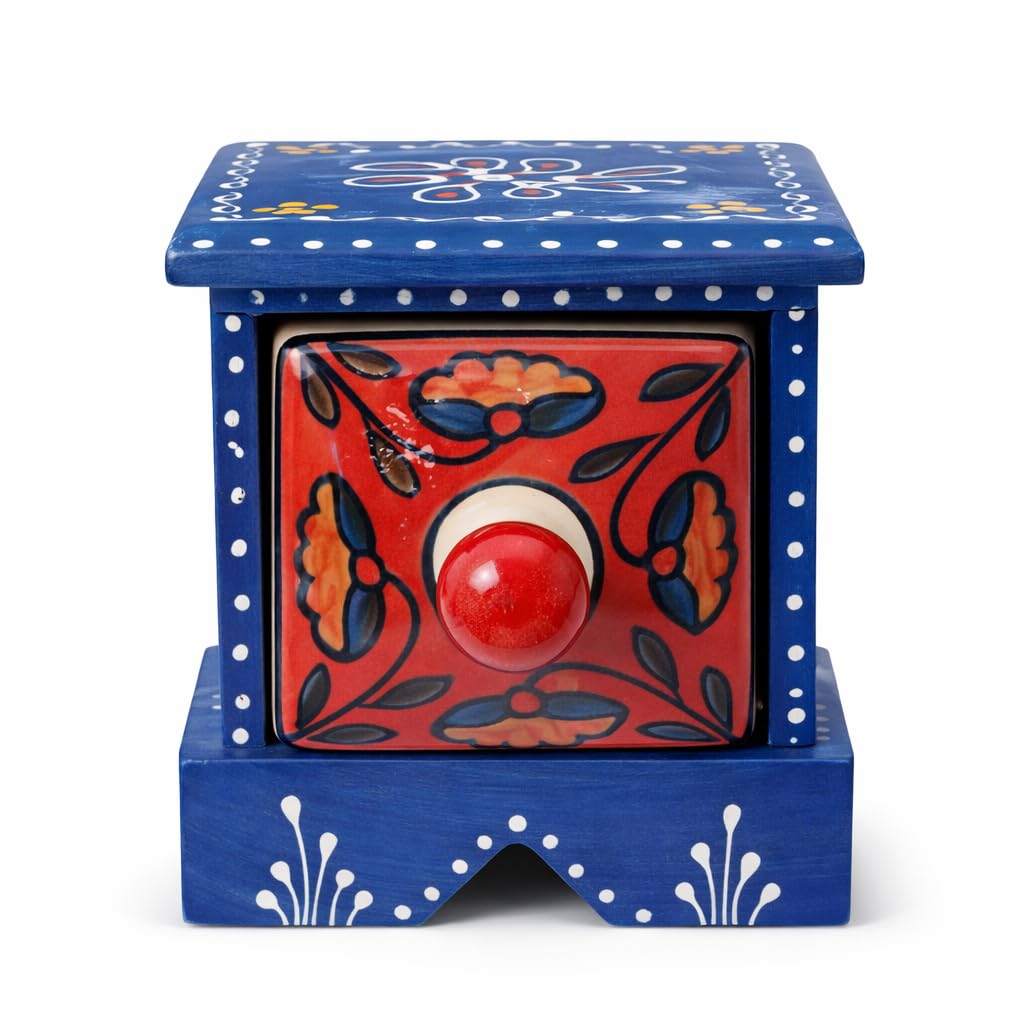 Handcrafted Wooden Mini Drawer Jewelry Box | Blue Hand Painted Storage Organizer with Ceramic Floral Knob | Small Trinket Box for Rings, Earrings & Accessories | Decorative Home Décor Gift-image-21