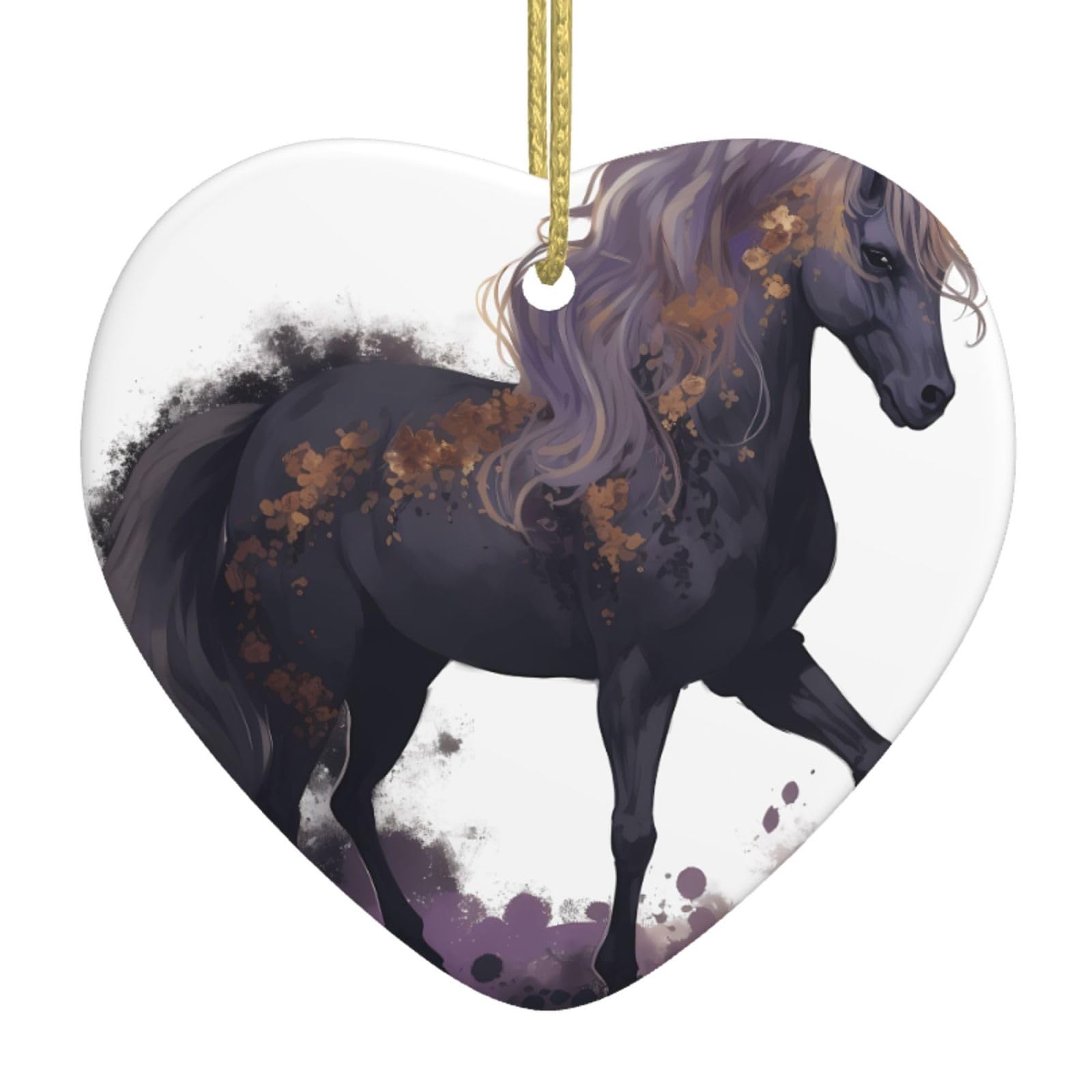 Purple Horse Christmas Ornament 2025 Heart Ceramic Hanging Ornaments for Home Decor Christmas Decorations with Gold Rope Double-Sided Xmas Tree Ceramic Hanging for Holiday Party