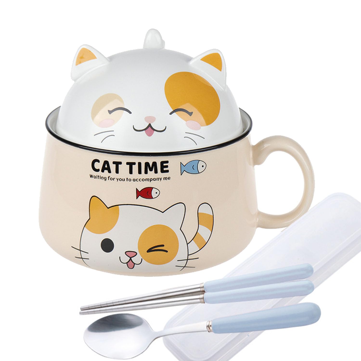 Cute Ramen Bowl with Handle and Lid,Ceramic Instant Noodle Bowl with Spoon & Chopstick,1020ml Large Ceramic Soup Bowls for Soup Udon Pasta Salad Cereal,Microwave & Dishwasher Safe