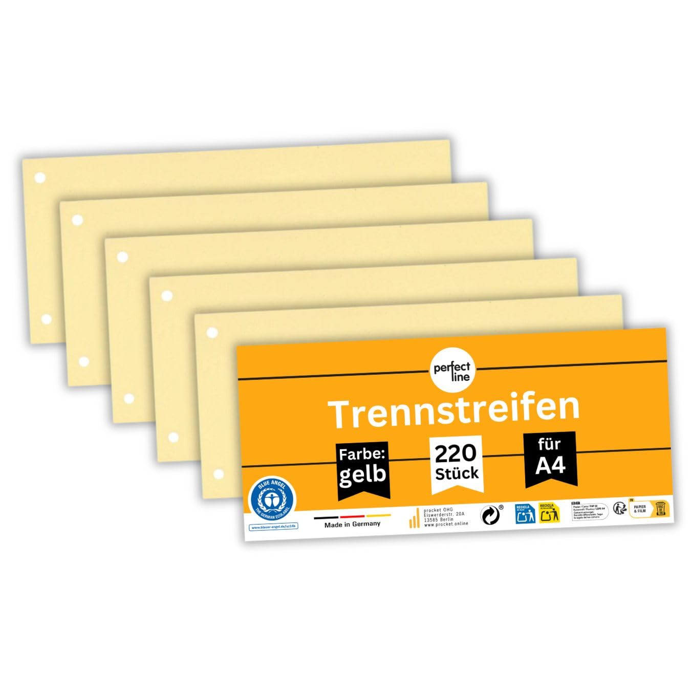 perfect line, 220 Divider Strips A4, Yellow Recycled Cardboard, Pre-Punched Filing Dividers, 240 x 105 mm, Eco-Friendly