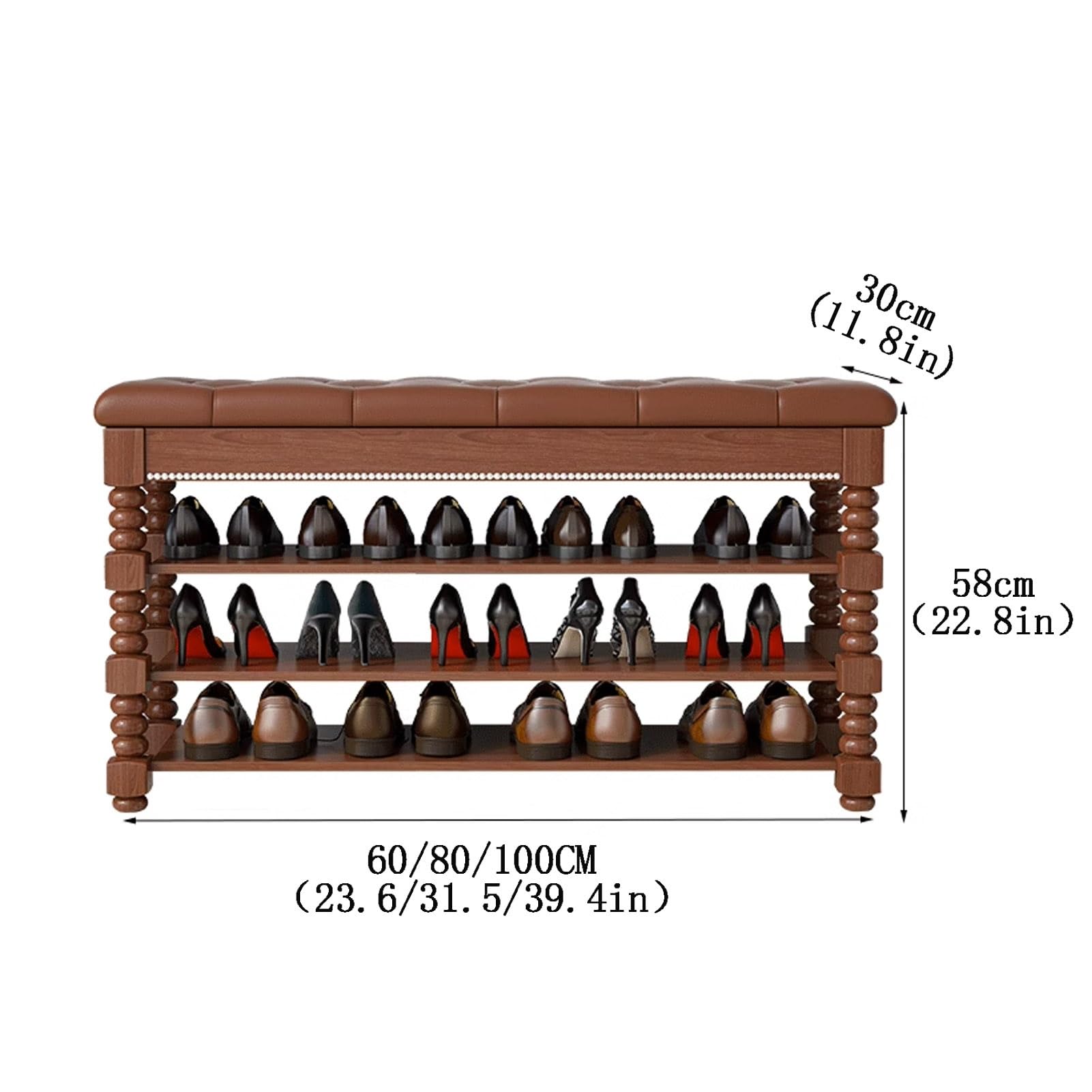 Ławka na buty z orzecha włoskiego z regulowanymi półkami, amortyzowana klapka, wielofunkcyjny organizer z litego drewna, 80 cm, stylowe rozwiązanie do przechowywania butów i akcesoriów