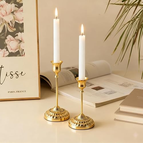 Miniatura 7 de BEAHOT Juego de 6 portavelas cónicos de metal dorado, elegantes portavelas antideslizantes decorativos con apagador de velas a juego, para centro de