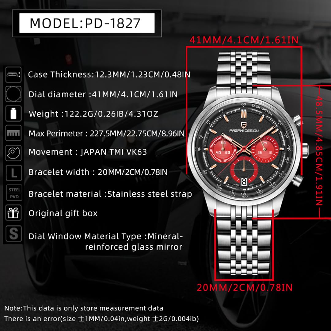 Pagani Design 1827 - Orologio cronografo da uomo, al quarzo, movimento giapponese VK63, cassa in acciaio inox, impermeabile fino a 100 m, quadrante luminoso, datario, sportivo, casual