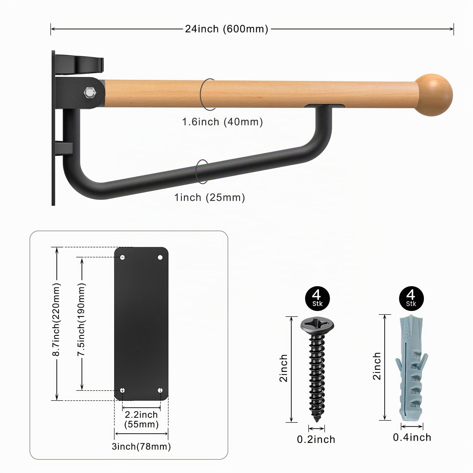 Dolibest Haltegriffe Toiletten Klappbar Senioren Behinderte WC Aufstehhilfe | 61cm,90 Klappbar,Badezimmer Pflegeheim Hotel,Φ1.6cm Buche,Metallhalter,Komplettes Set,159kg,Schraube Dübel