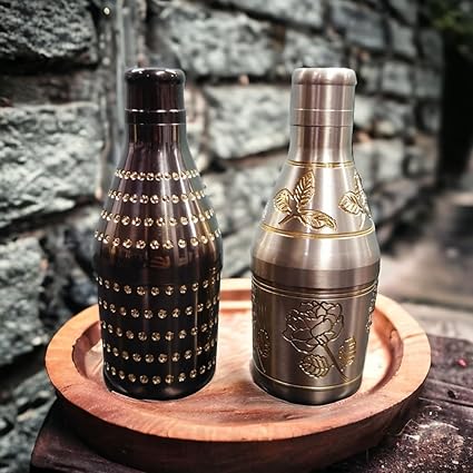 MERCHANT ANTIQUES Set of 2 - Antique Pure Brass Very Beautifully Engraved Mukhwas Bottles
