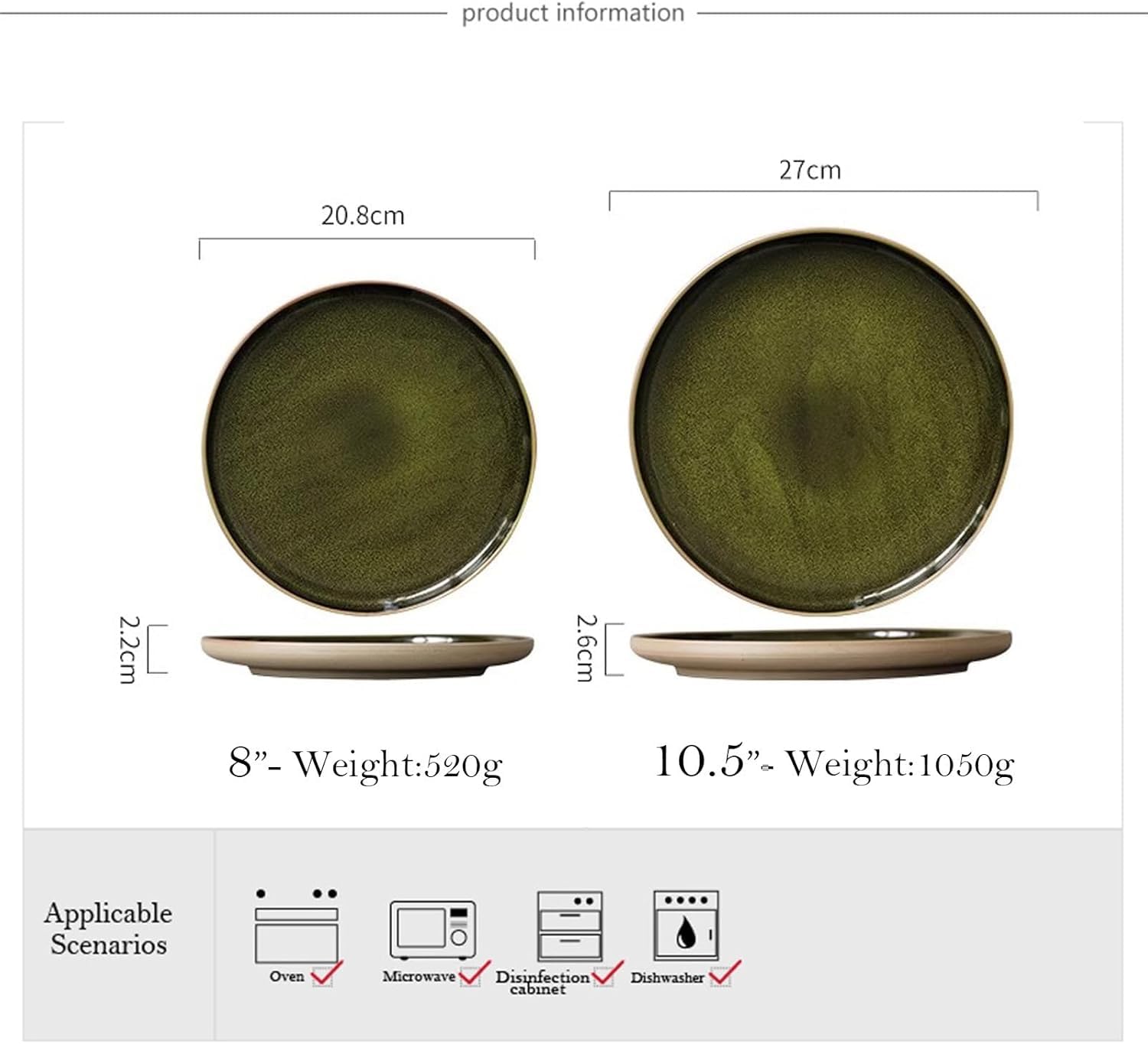 Platos de comedor de porcelana, plato redondo poco profundo para uso doméstico y comercial, plato de cena esmaltado verde de 10.5 pulgadas, ideal para carne y más
