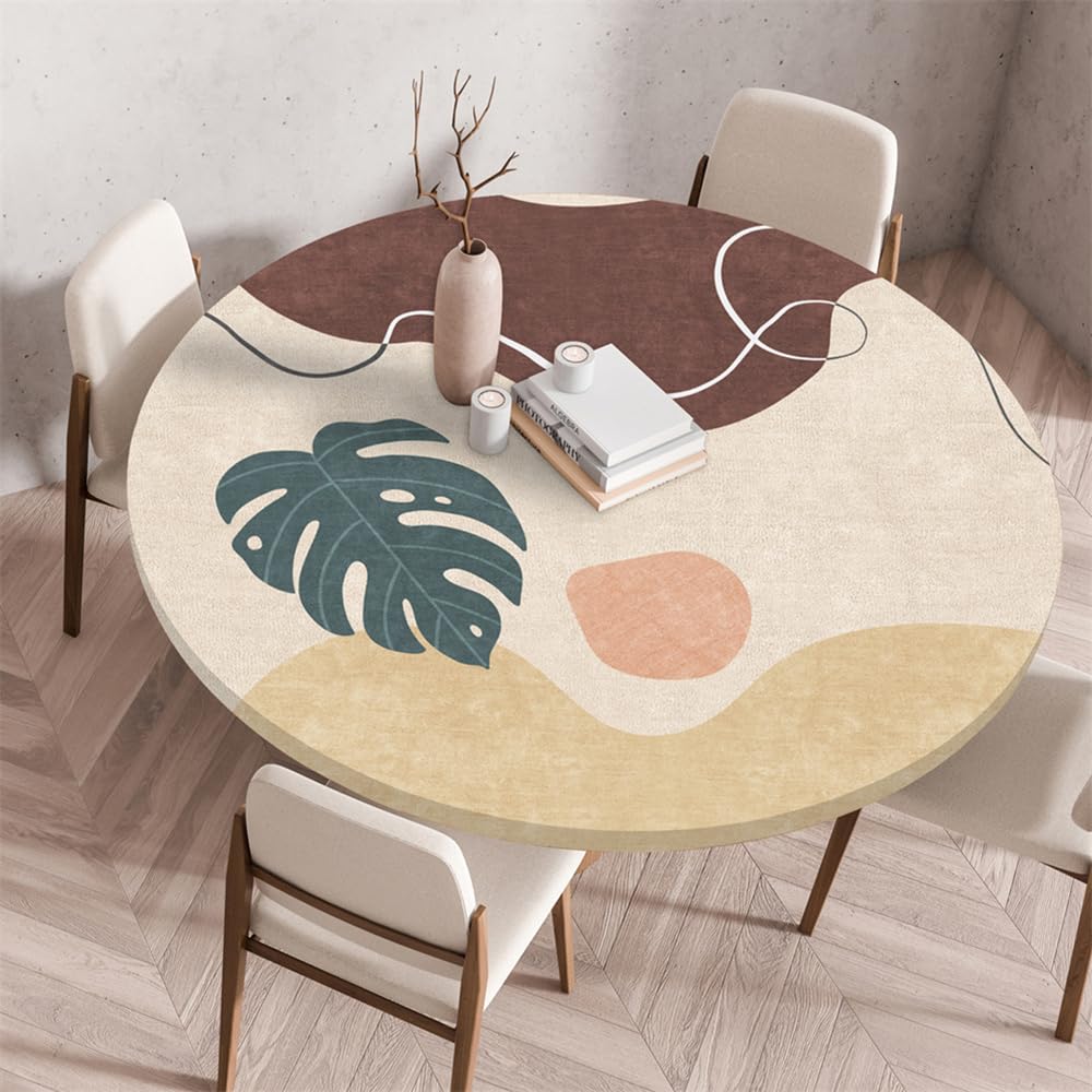 Chickwin Round Outdoor Tablecloth with Elastic Edge, Wipe Clean Circle Table Cover, Nordic Leaves Print Garden Table Fitted Tablecloth Non-Slip Stain-resistant Washable (Beige 2,90cm)