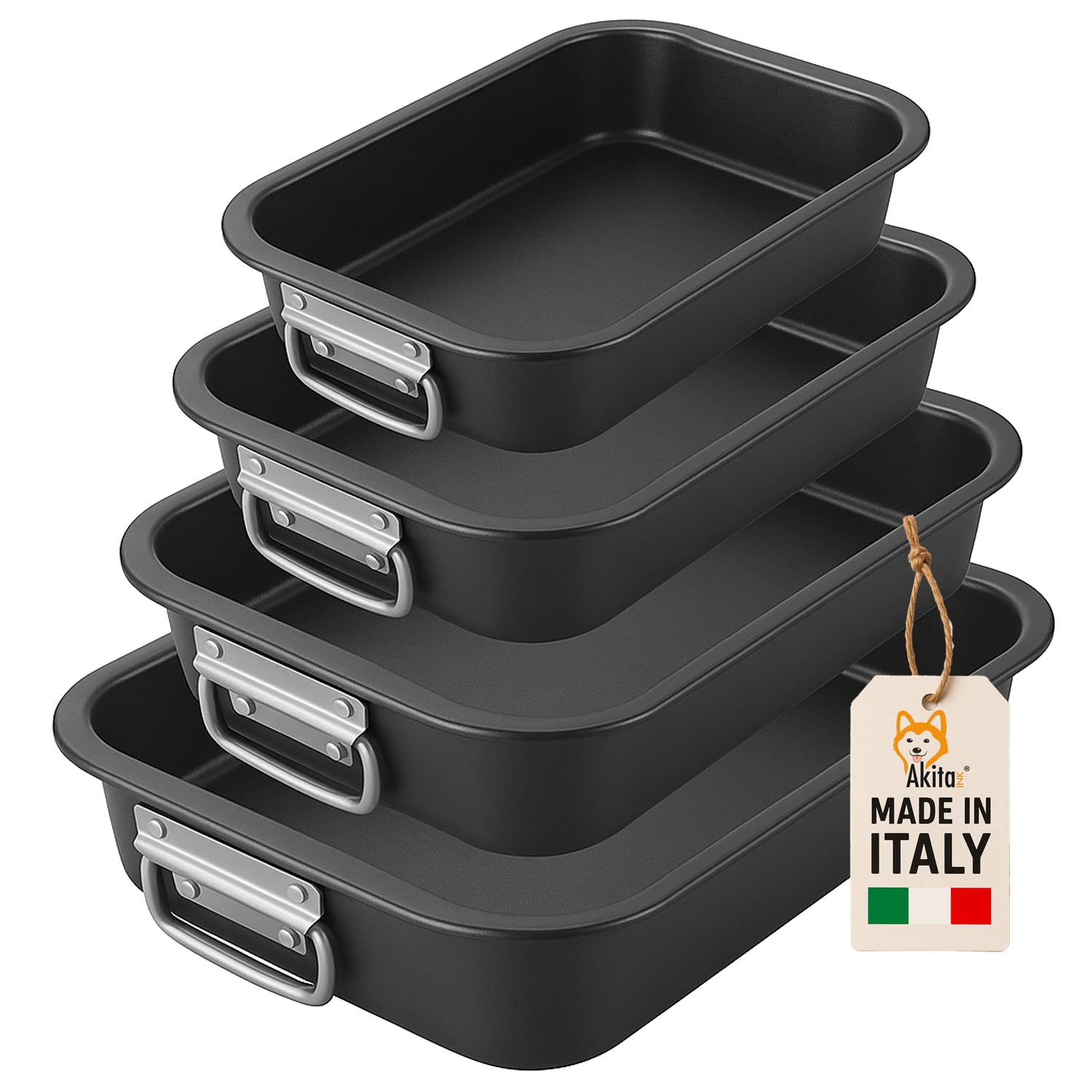 AKITAInk Set 4 Teglie Antiaderenti 20-25-30-35 cm | Acciaio al Carbonio, Cottura Uniforme, Bordo Alto, Lavabili in Lavastoviglie, Senza Grassi per Pizze e Torte Made in Italy