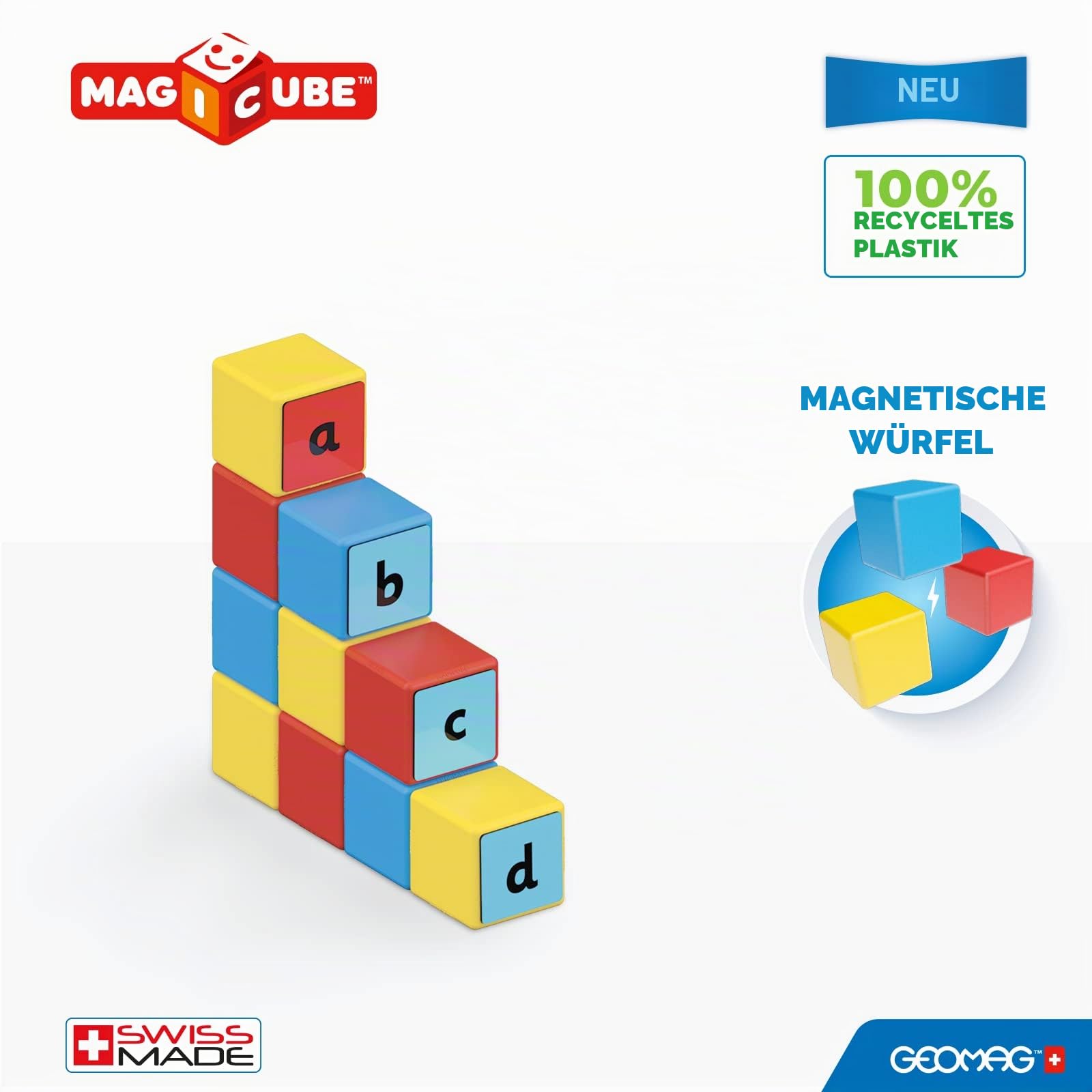 Geomag, Magicube Word Building Clips 79-teilige Magnetisches Spielzeug für Kinder, Geschenk für Jungen und Mädchen im Alter von 1 2 3 4 5 6 Jahren, Montessori-Spielzeug, magnetische Konstruktionen
