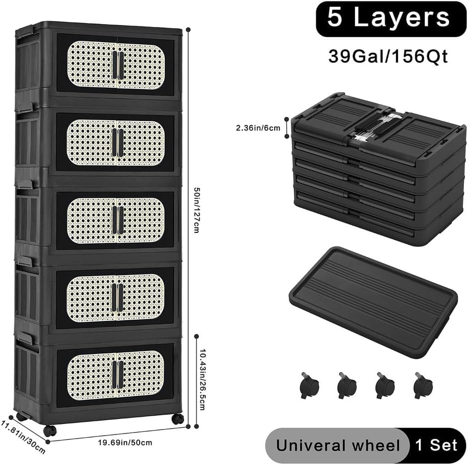 Stackable Storage Bins with Lids and Wheels, 156Qt Collapsible Plastic Organizer Boxes with Magnetic Front Doors, Anti-Tipping Design, Foldable Closet Storage Containers for Home, Office, Dorm