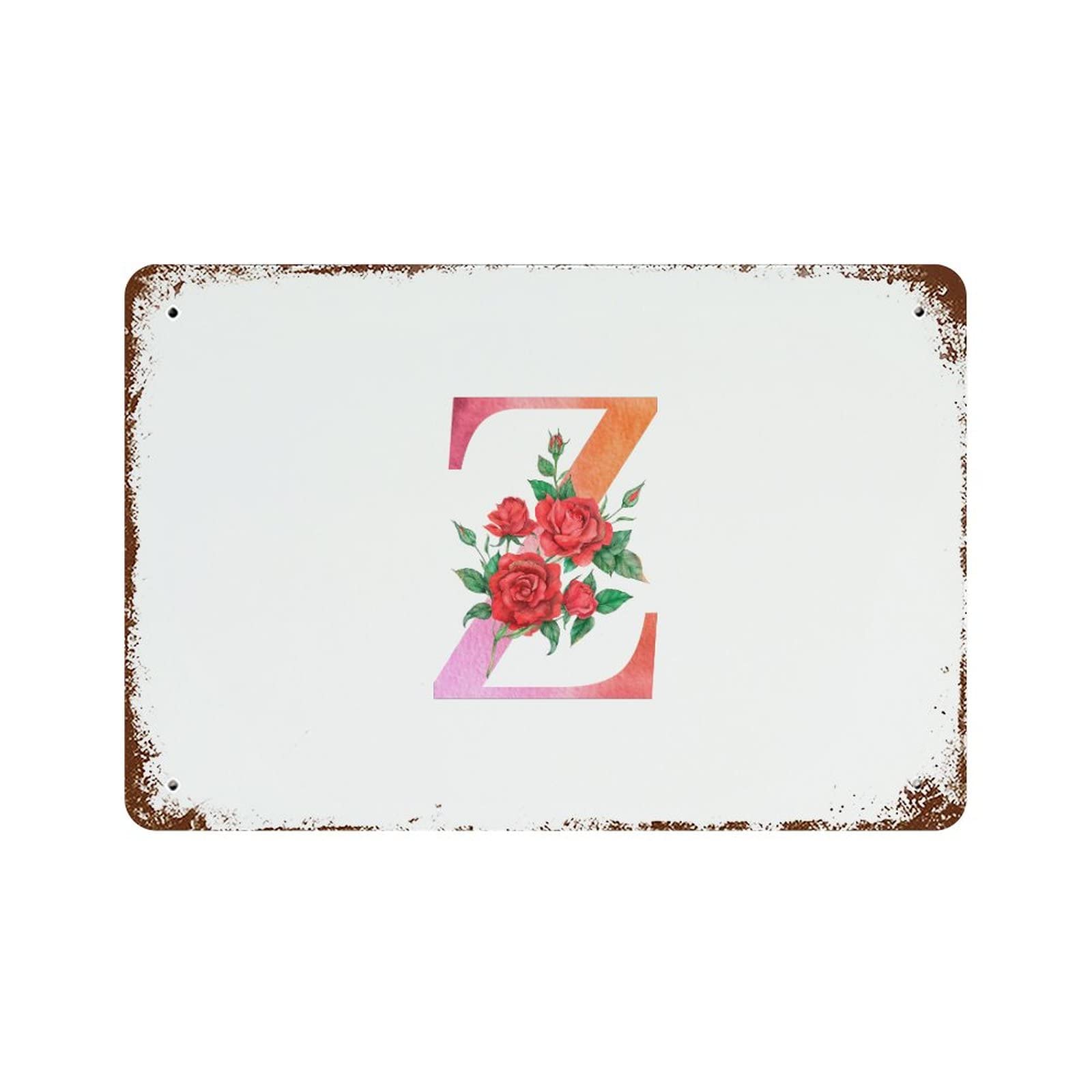 Lettre Z en aluminium floral rouge rétro panneau métal pour déco de café et murale 30x45 cm