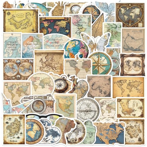 Travel Stickers, Adventure Aesthetic Outdoor Stickers Bulk, 50Pcs Waterproof Vinyl Compass Stickers for Water Bottles Laptop Scrapbook,Travel Stickers for Kids Teens (Compass)