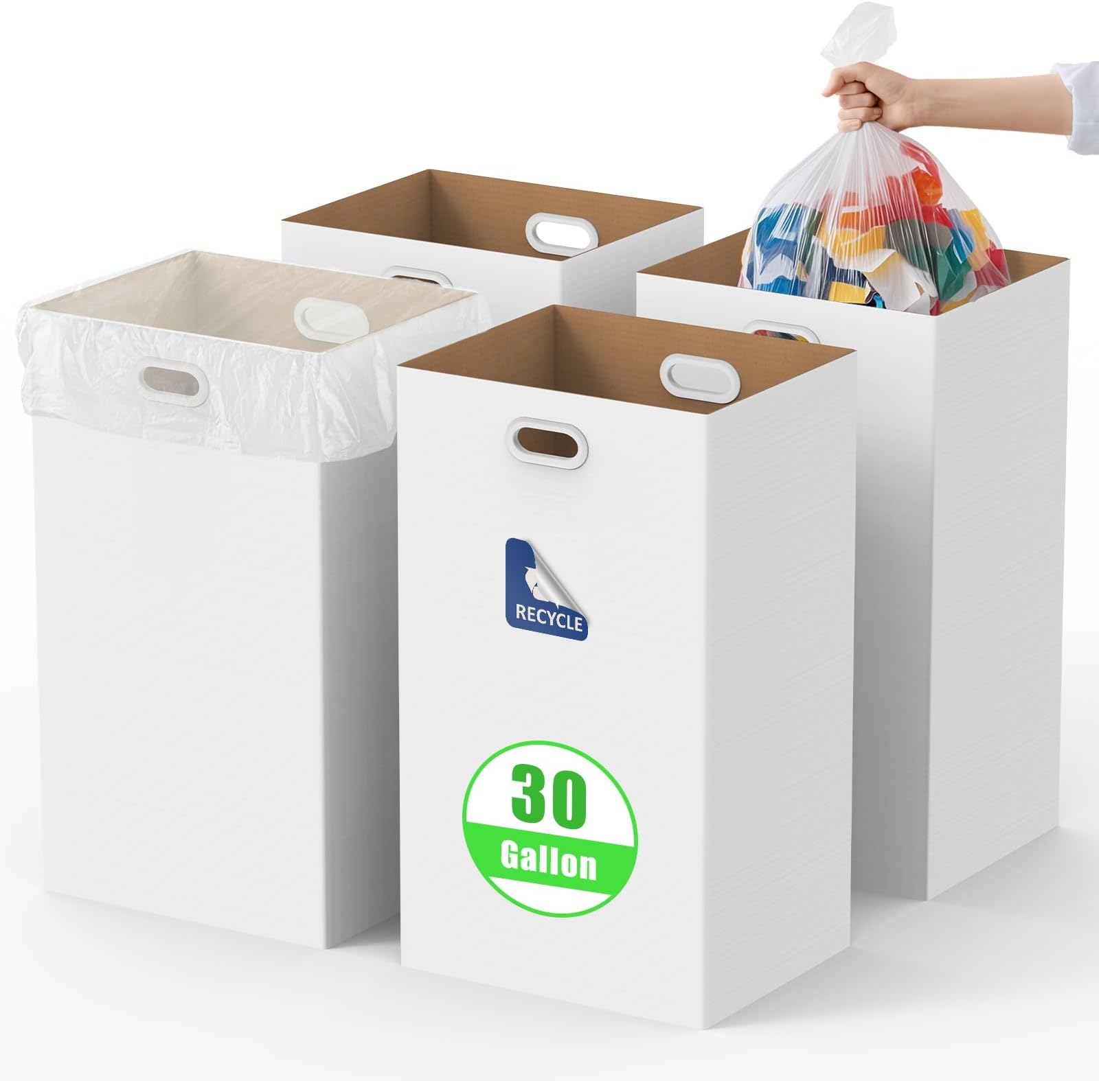 30 Gallon Corrugated Cardboard Disposable Trash Cans with Built-in Handles, 4 Pack Heavy Duty Extra Large Portable Trash Can, Waterproof Layer Reusable Garbage Can, Recycling Bins