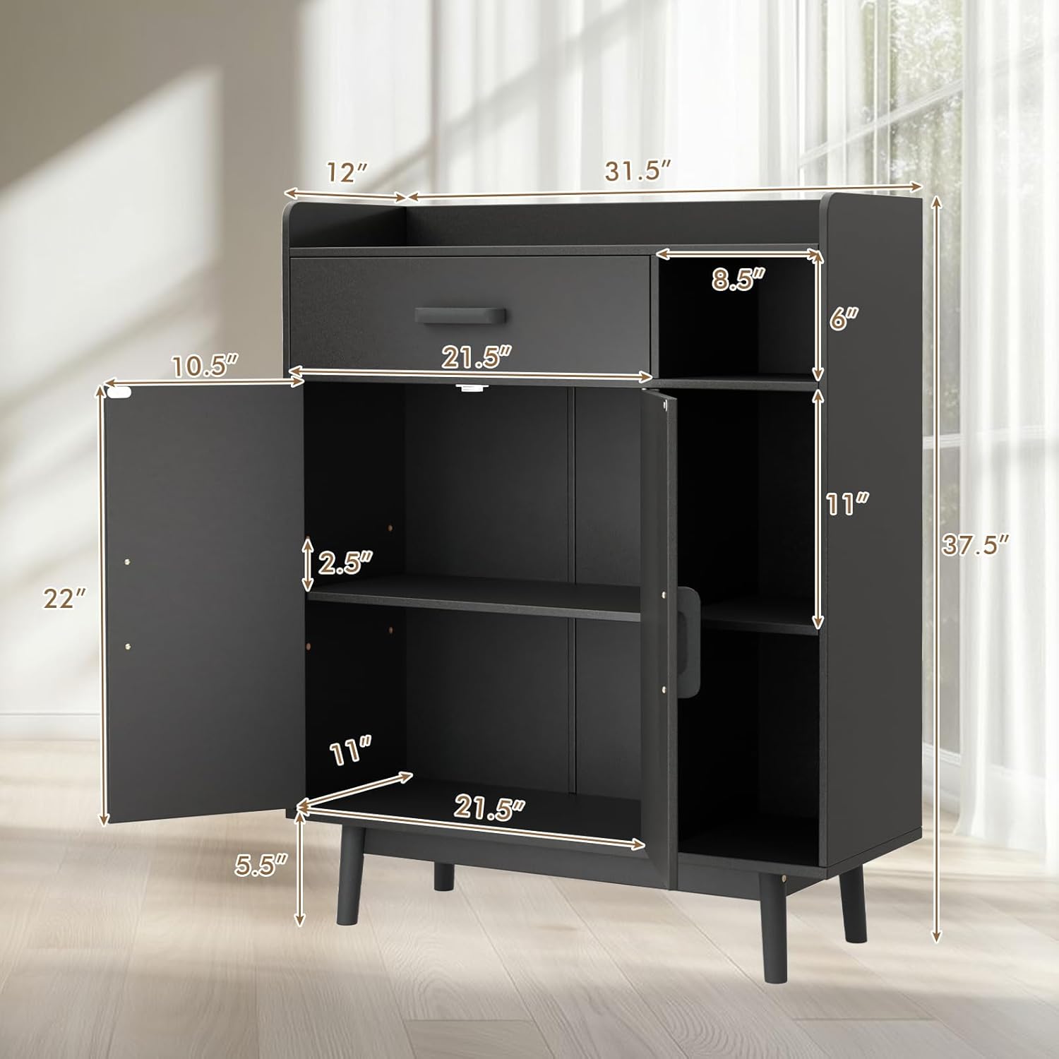 Giantex Floor Storage Cabinet, Freestanding Cupboard with 1 Drawer, 2 Doors, 3 Shelves, 4 Rubber Wood Legs, Sideboard, Entryway Unit for Home Office, Living Room, Storage Organizer (Black)