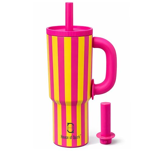 House of Quirk 1200ml Stainless Steel Tumbler with Handle, Straw & Straw Cap | Leakproof Water Bottle | Large Capacity Travel Mug (Pink Lemonade)