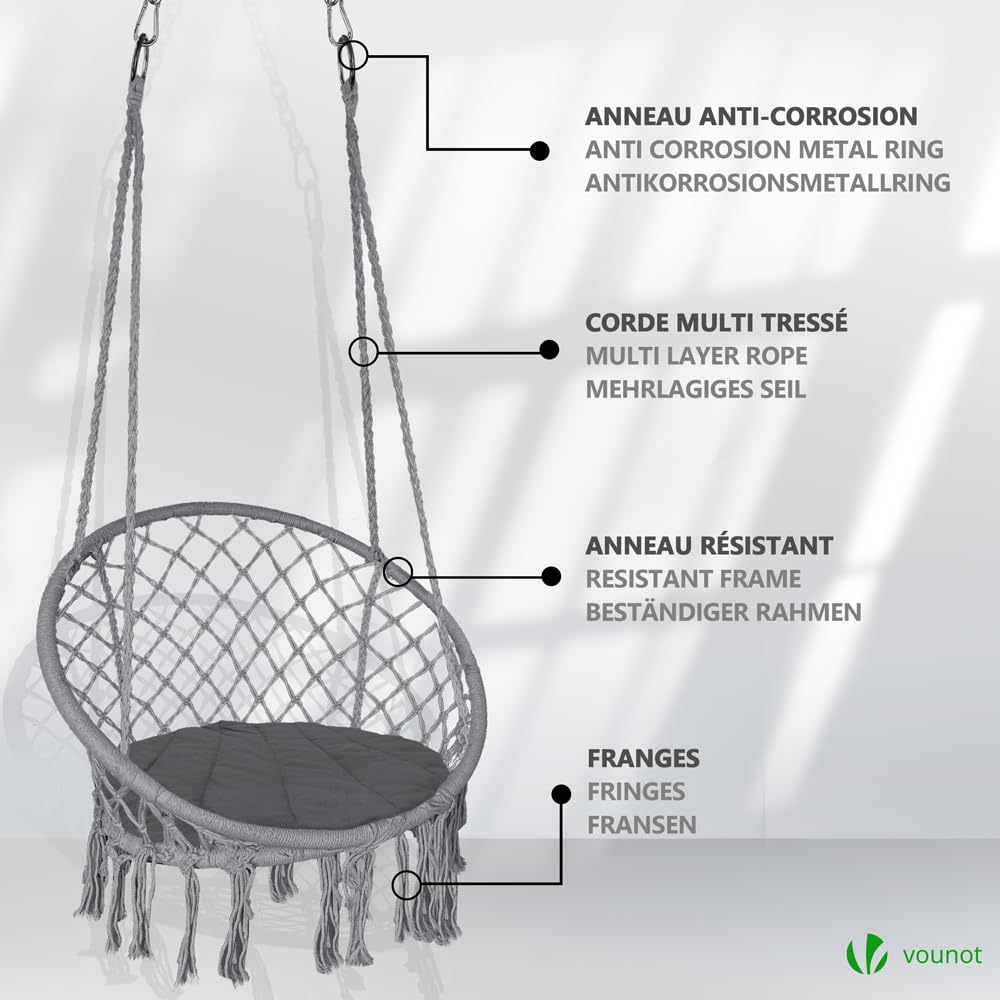 VOUNOT Hängesessel mit Fransen und bequemen Sitzkissen, Durchmesser 80 cm, Schaukelstuhl für Innen- und Außenbereich, Hängesitz, Dunkelgrau