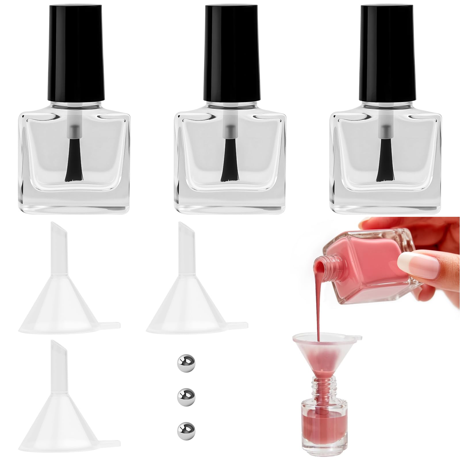 3 flacons vides de vernis à ongles de 5 ml avec pinceau/entonnoir, flacons vides en verre (avec boules de mélange) ou contenants pour la conservation du vernis liquide