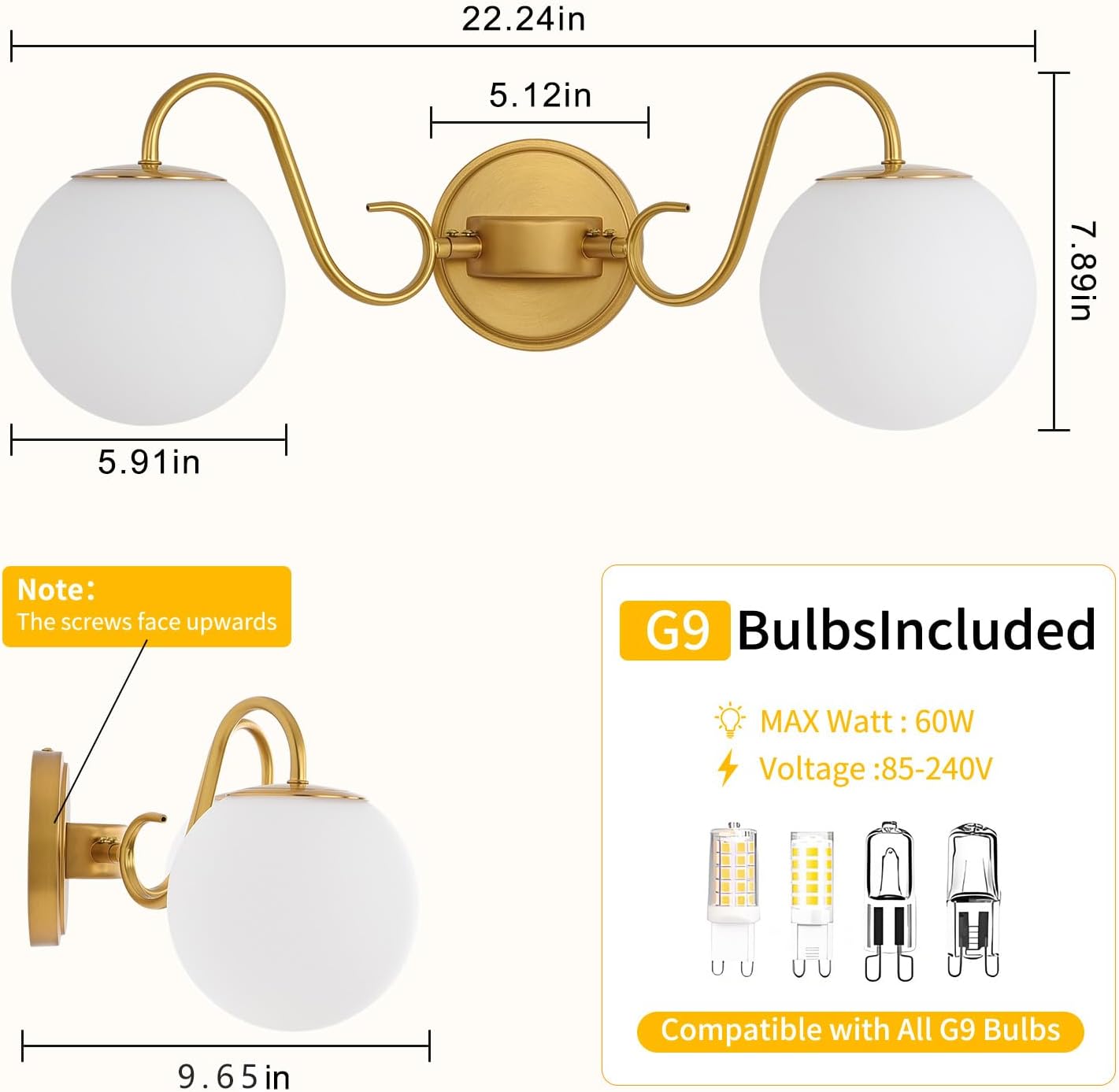 2 Lights Bathroom Vanity Light Fixtures Over Mirror, Brushed Gold Vintage Vanity Lights For Bathroom With Milk White Glass Globe Shade, Wall Lights For Bedroom, Hallway, Dressing Table,Includ G9 Bulbs