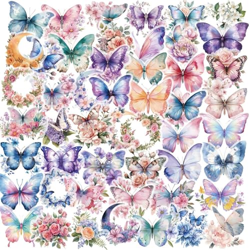 Image of 50 Butterfly Stickers, PET Waterproof Transparent Colorful Resin Decals Self-Adhesive Scrapbooking Stickers Supplies Journal Stuffers for Adult Card Making Letters DIY (Butterfly)
