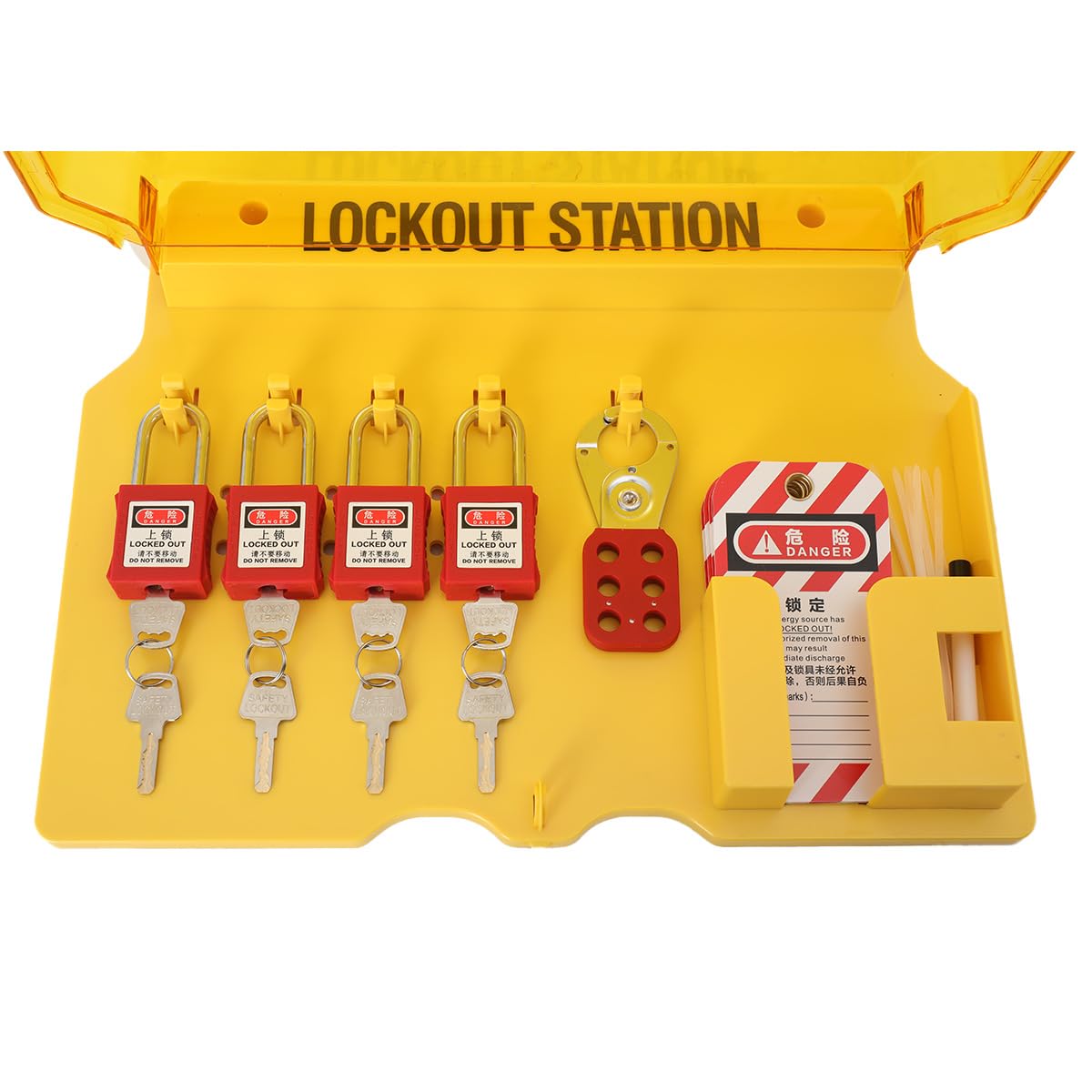 Lfhelper Safety Lockout Padlock Station with 4 PA Locks, Writable Tags, Wall-Mount Design, Lockout Tagout Kit for Electrical and Mechanical Maintenance