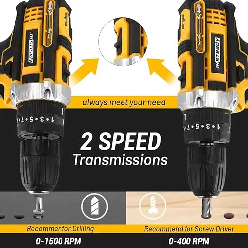 Miniatura 6 de Taladro inalámbrico - 25+3 torque, motor sin escobillas, taladro eléctrico de 1500 RPM con 2 baterías, luz LED, juego completo de taladro y estuche